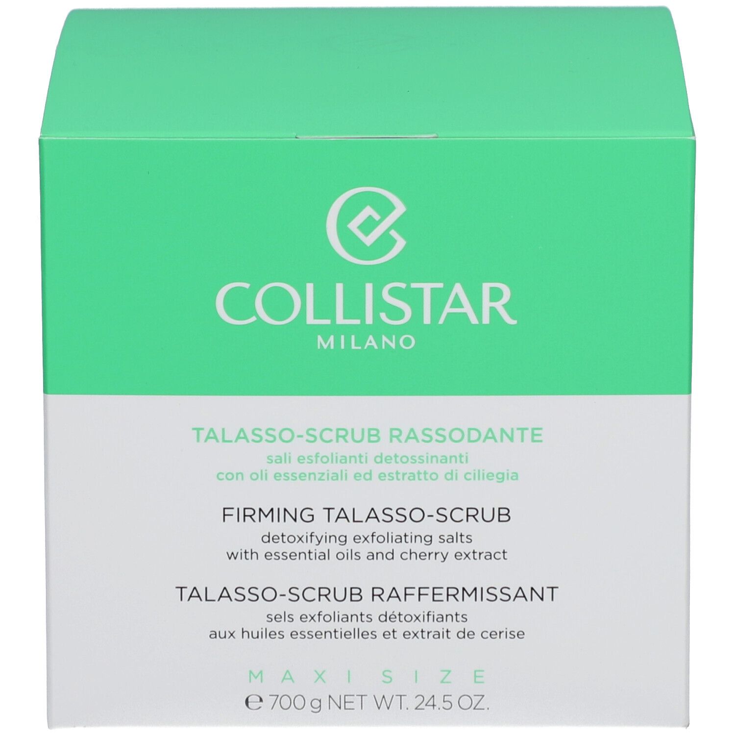 Produktverpackung: grüne Schachtel. Aufschrift: COLLISTAR MILANO. Text: TALASSO-SCRUB RASSODANTE.