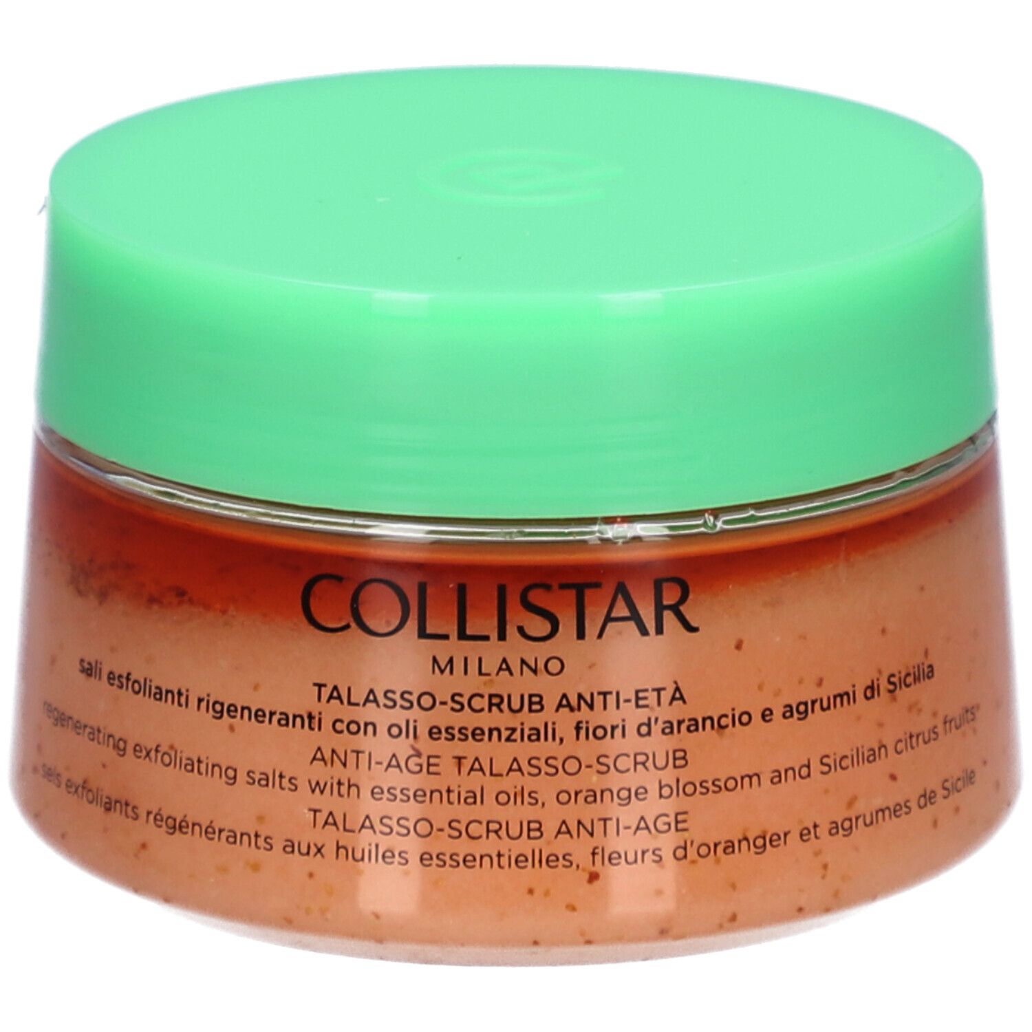 Runder Tiegel mit grünem Deckel. Aufschrift: COLLISTAR, TALASSO-SCRUB ANTI-ETÀ.