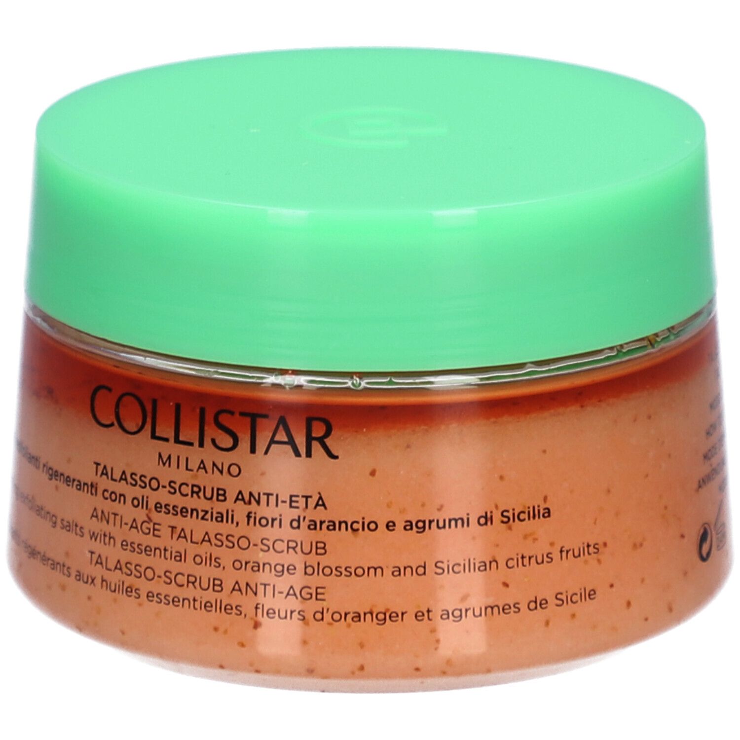 Runder Tiegel mit grünem Deckel. Aufschrift: COLLISTAR, TALASSO-SCRUB ANTI-ETÀ.