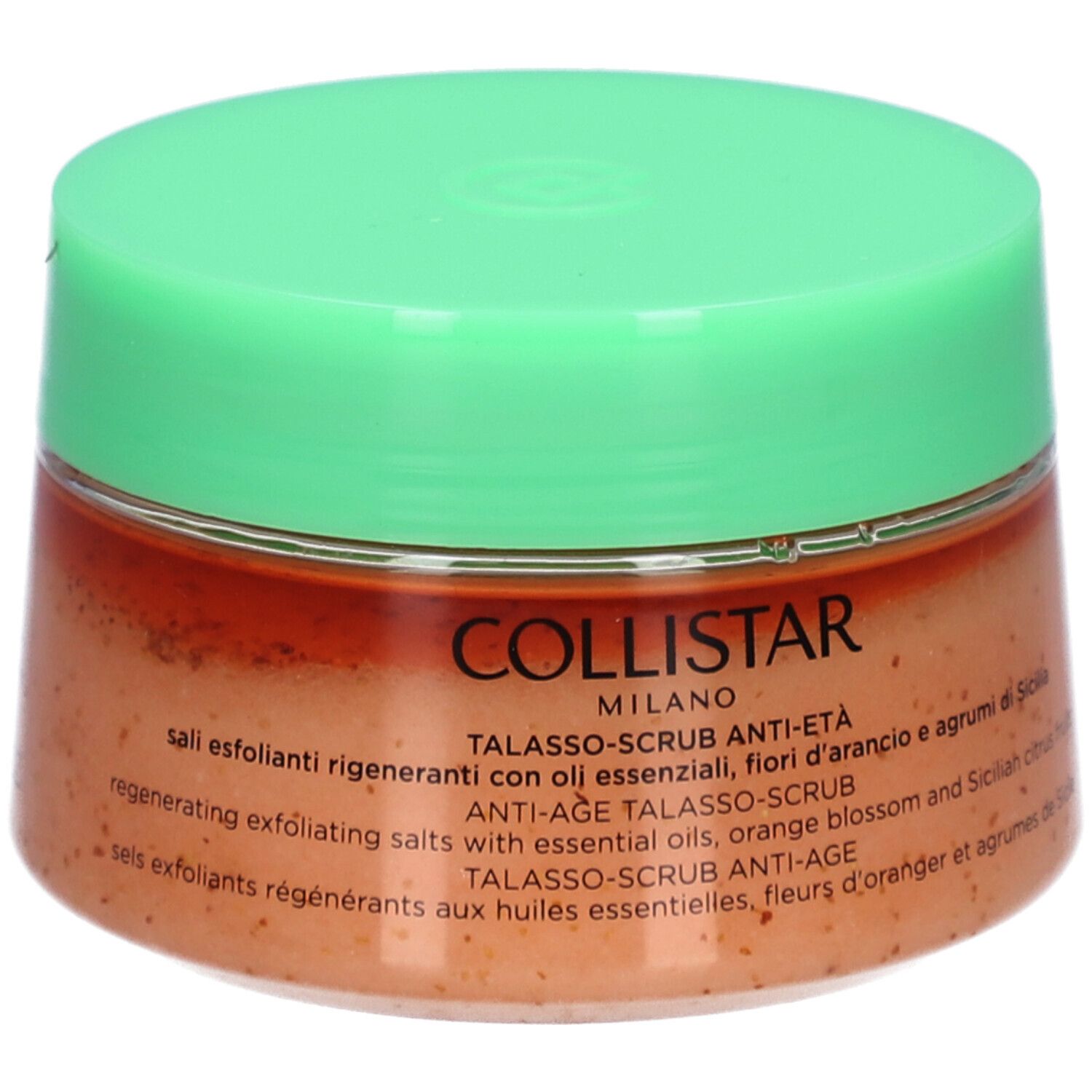 Runder Tiegel mit grünem Deckel. Aufschrift: COLLISTAR, TALASSO-SCRUB ANTI-ETÀ.