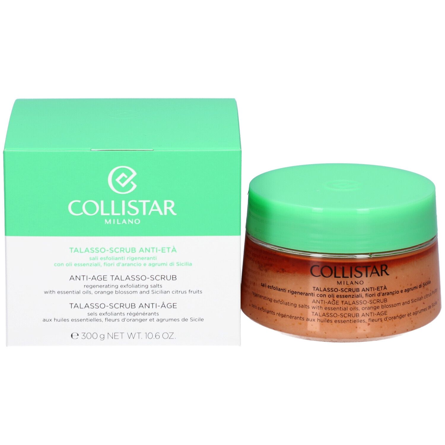 Tiegel und Schachtel. Aufschrift: COLLISTAR, TALASSO-SCRUB ANTI-ETÀ. Grüne Verpackung.