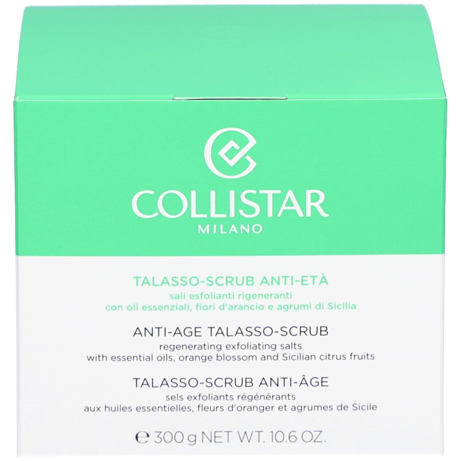 Grüne Schachtel. Aufschrift: COLLISTAR, TALASSO-SCRUB ANTI-ETÀ. Text und Logo.