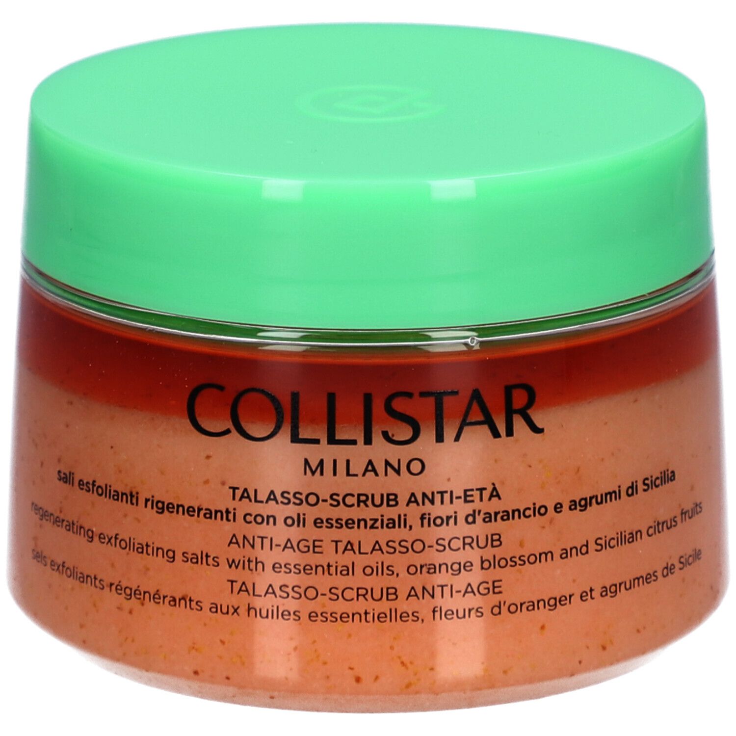 Behälter mit grünem Deckel. Aufschrift: COLLISTAR MILANO. Produktname und Beschreibung in mehreren Sprachen.