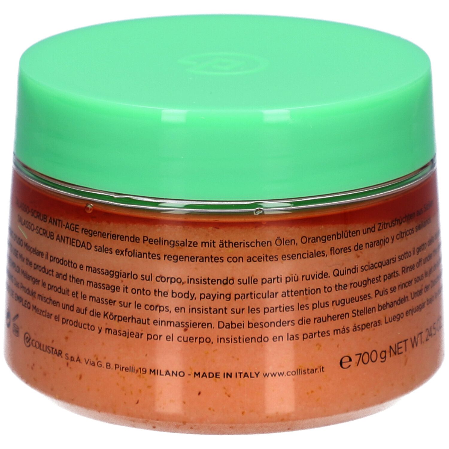 Behälter mit grünem Deckel. Aufschrift: COLLISTAR MILANO. Produktname und Beschreibung in mehreren Sprachen. Gewicht: 700g.