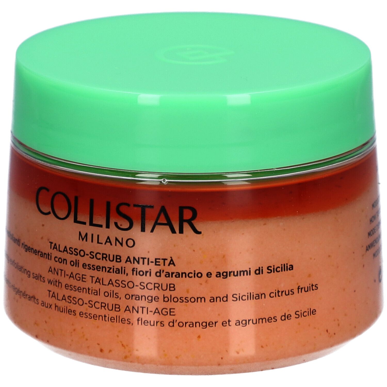 Behälter mit grünem Deckel. Aufschrift: COLLISTAR MILANO. Produktname und Beschreibung in mehreren Sprachen. Gewicht: 700g.