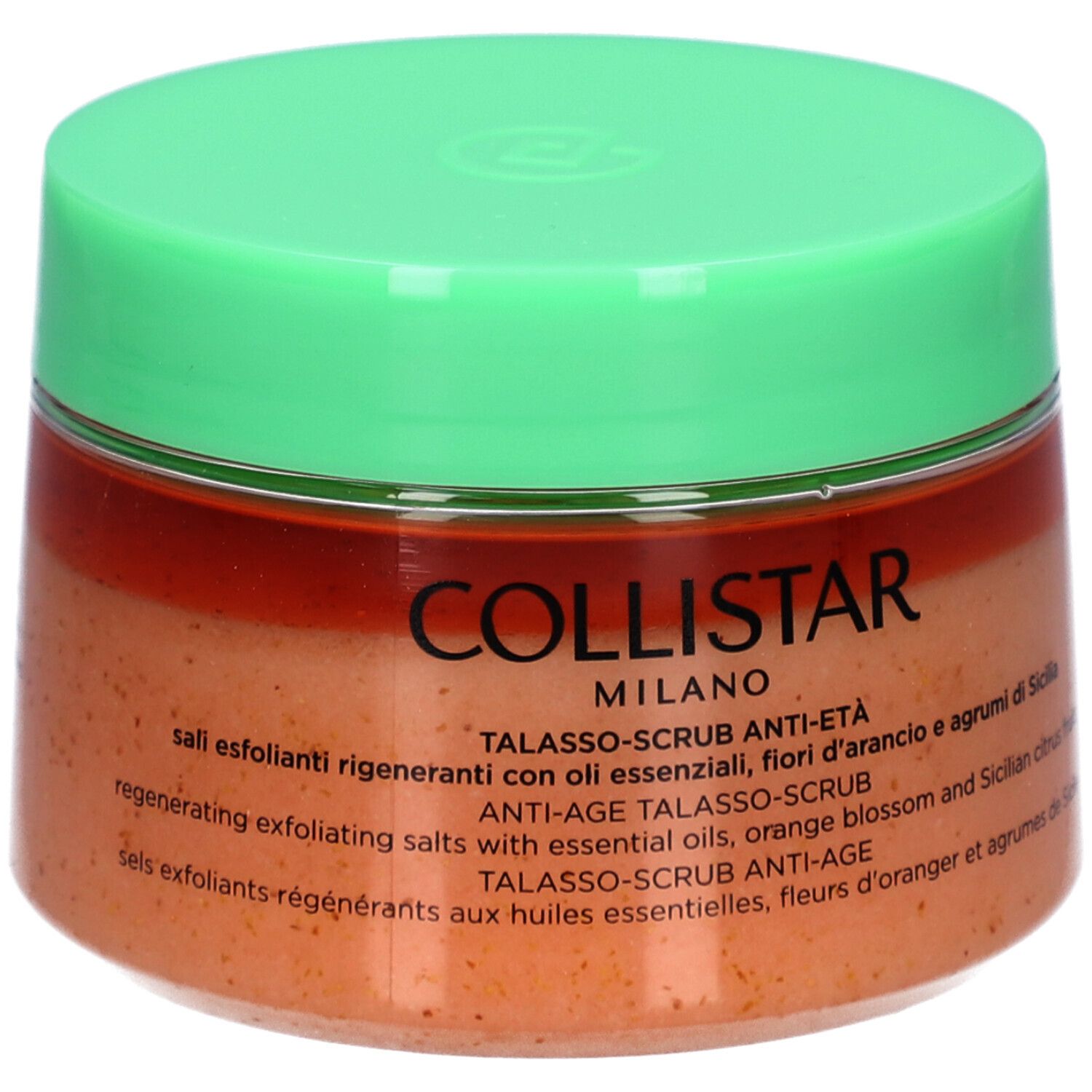 Behälter mit grünem Deckel. Aufschrift: COLLISTAR MILANO. Produktname und Beschreibung in mehreren Sprachen. Gewicht: 700g.