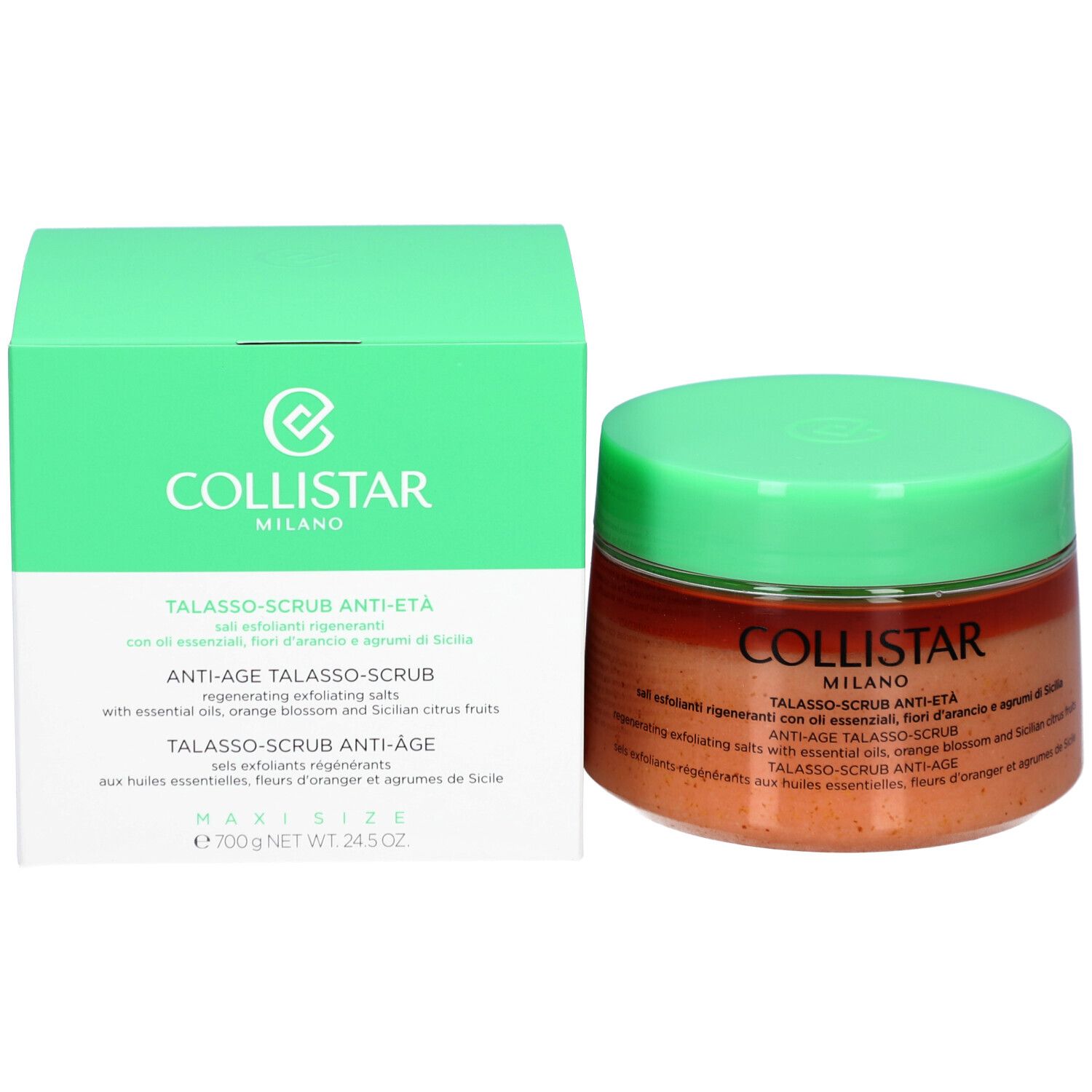 Produktverpackung mit grünem Deckel und weißer Aufschrift. Aufschrift: COLLISTAR MILANO. Produktname und Beschreibung in mehreren Sprachen.