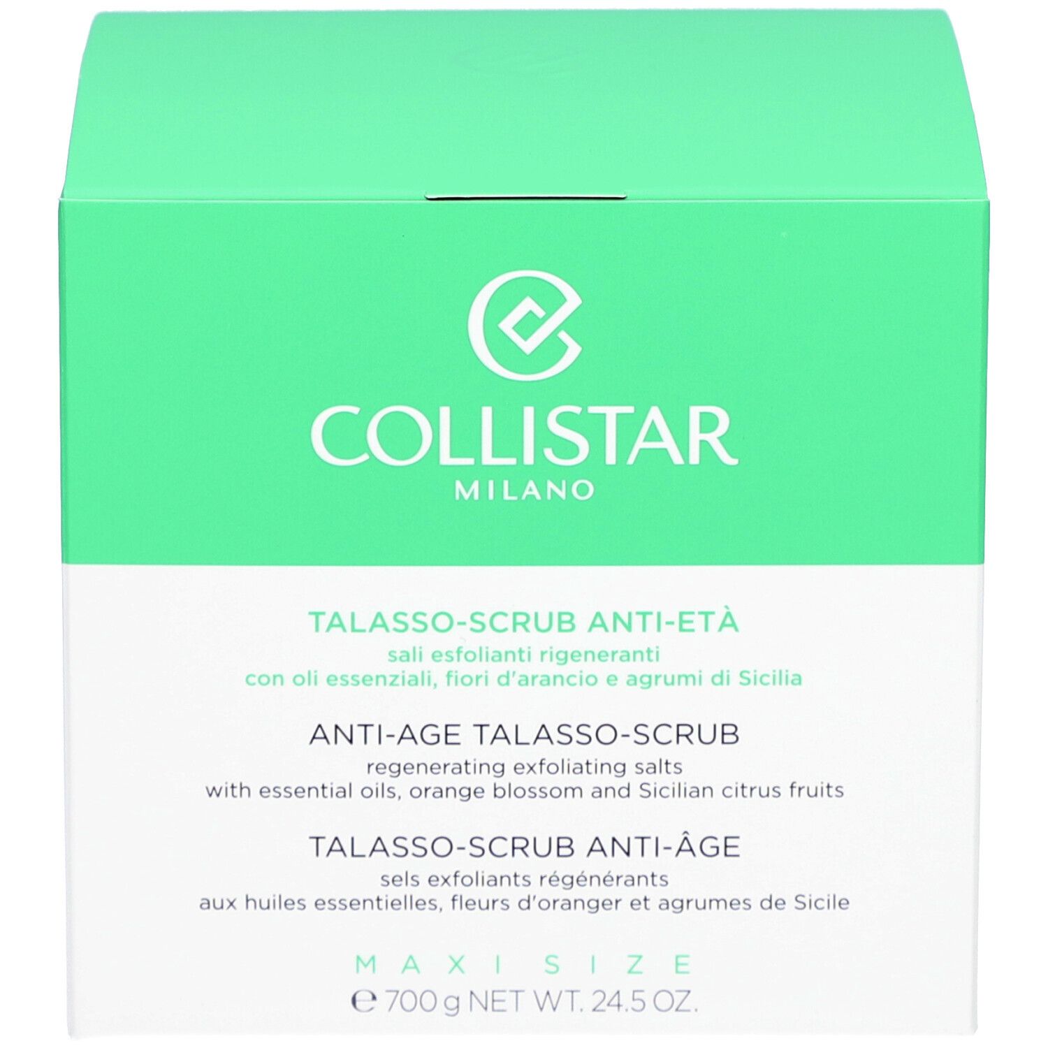 Produktverpackung mit grünem Deckel und weißer Aufschrift. Aufschrift: COLLISTAR MILANO. Produktname und Beschreibung in mehreren Sprachen.