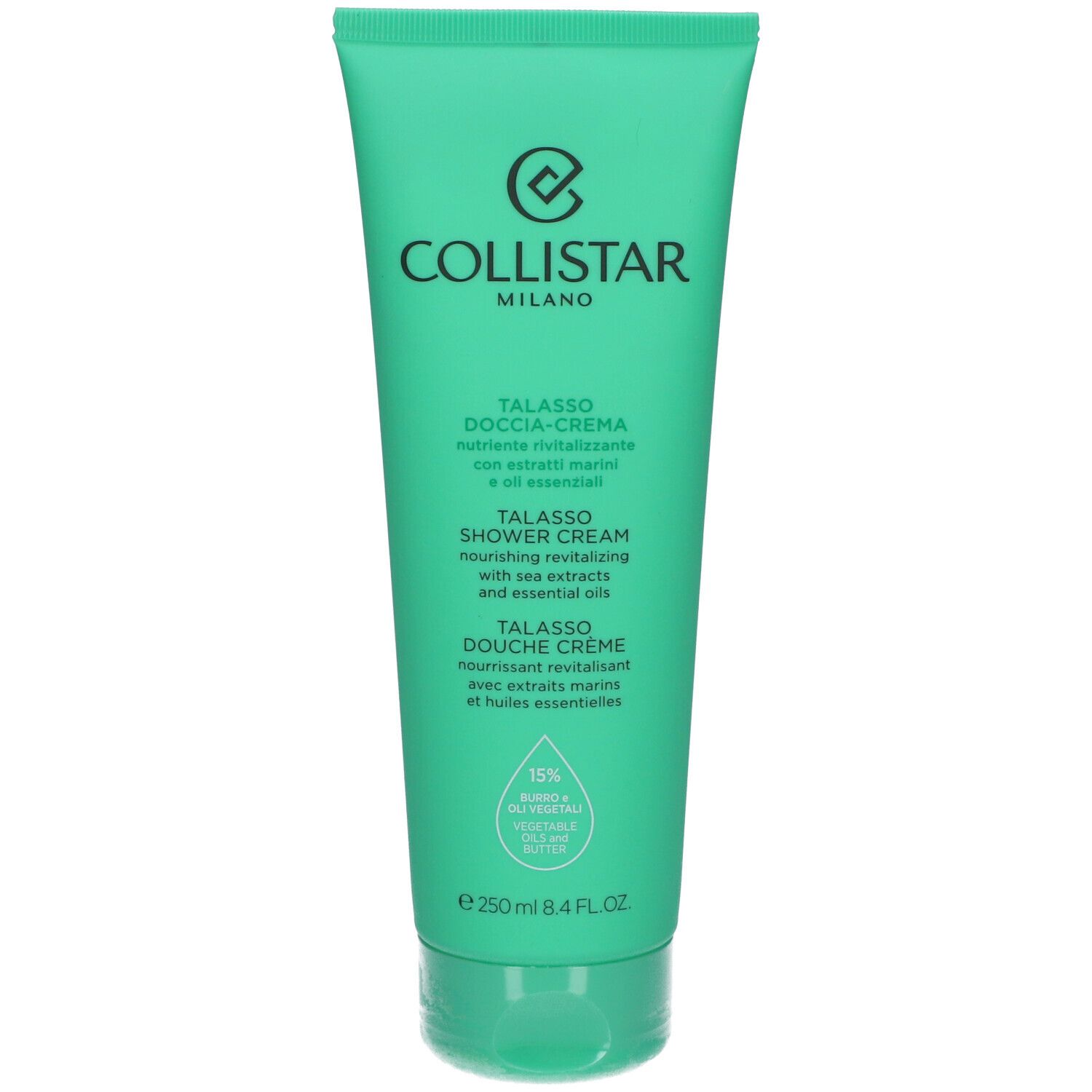 Grüne Tube mit Collistar-Logo und Produktbezeichnung. Text in Italienisch, Englisch und Französisch. 15% pflanzliche Inhaltsstoffe.