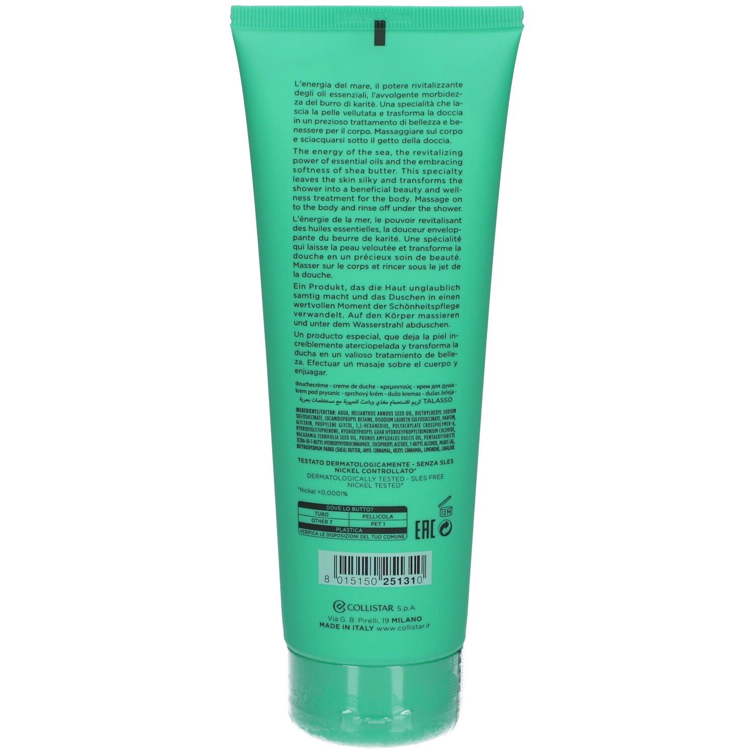 Rückseite der grünen Tube. Text in mehreren Sprachen, darunter Italienisch, Englisch, Französisch und Deutsch. Barcode und Herstellerinformationen.