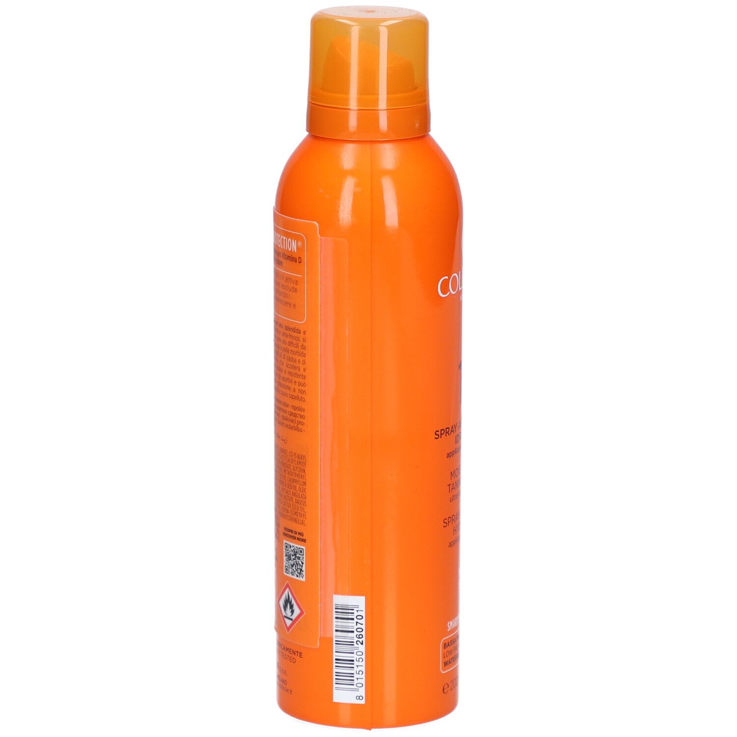 Collistar Spray Bronzant Hydratant SPF10. Orangefarbene Sprühflasche. Seitenansicht mit Text und Barcode.