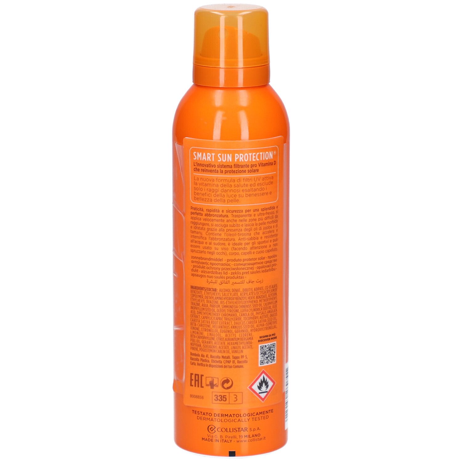 Collistar Spray Bronzant Hydratant SPF10. Orangefarbene Sprühflasche. Rückseite mit Text. Enthält SPF 10.