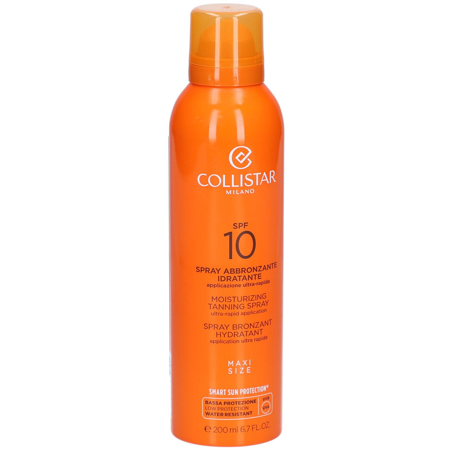 Collistar Spray Bronzant Hydratant SPF10. Orangefarbene Sprühflasche mit weißer Schrift. Enthält SPF 10. Maxi Size.