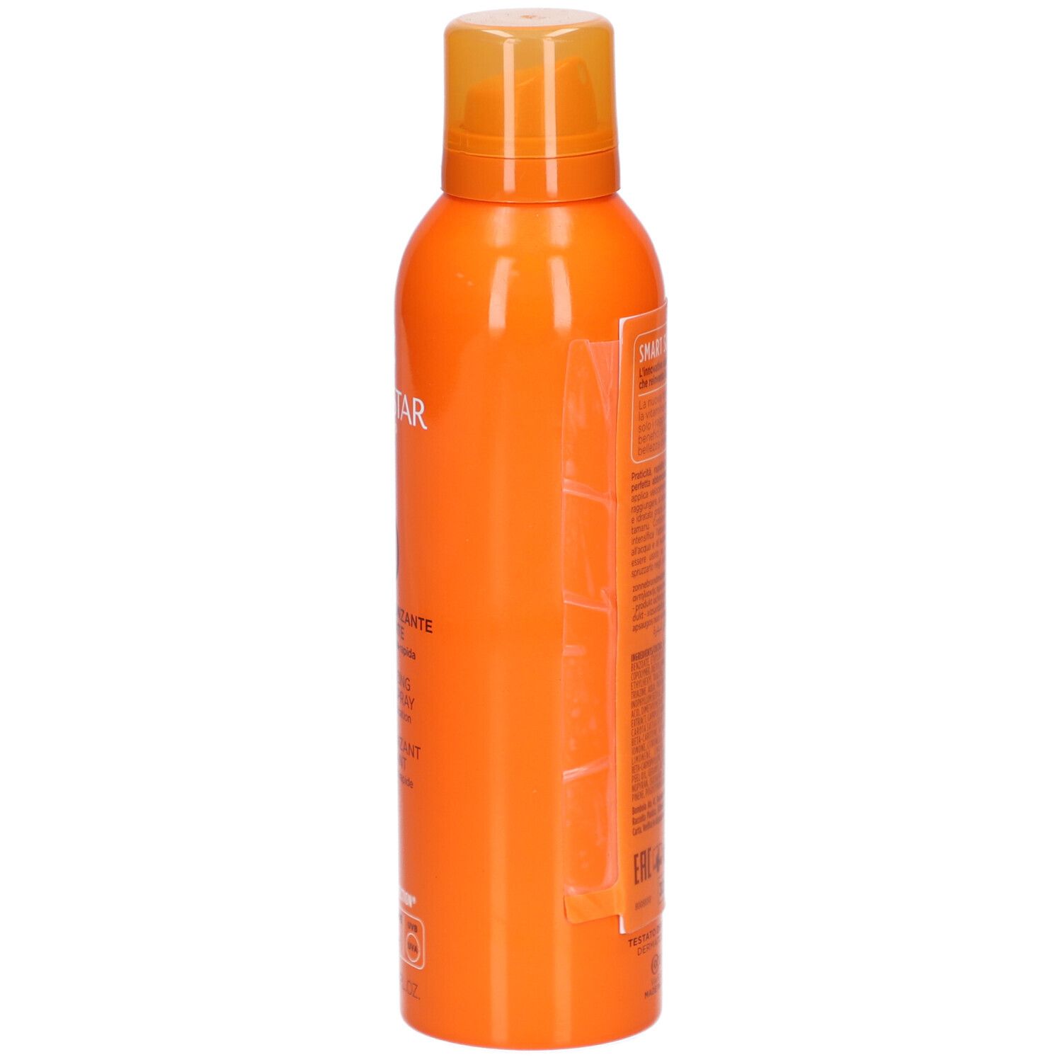 Collistar Spray Bronzant Hydratant SPF10. Orangefarbene Sprühflasche. Seitenansicht mit Text.