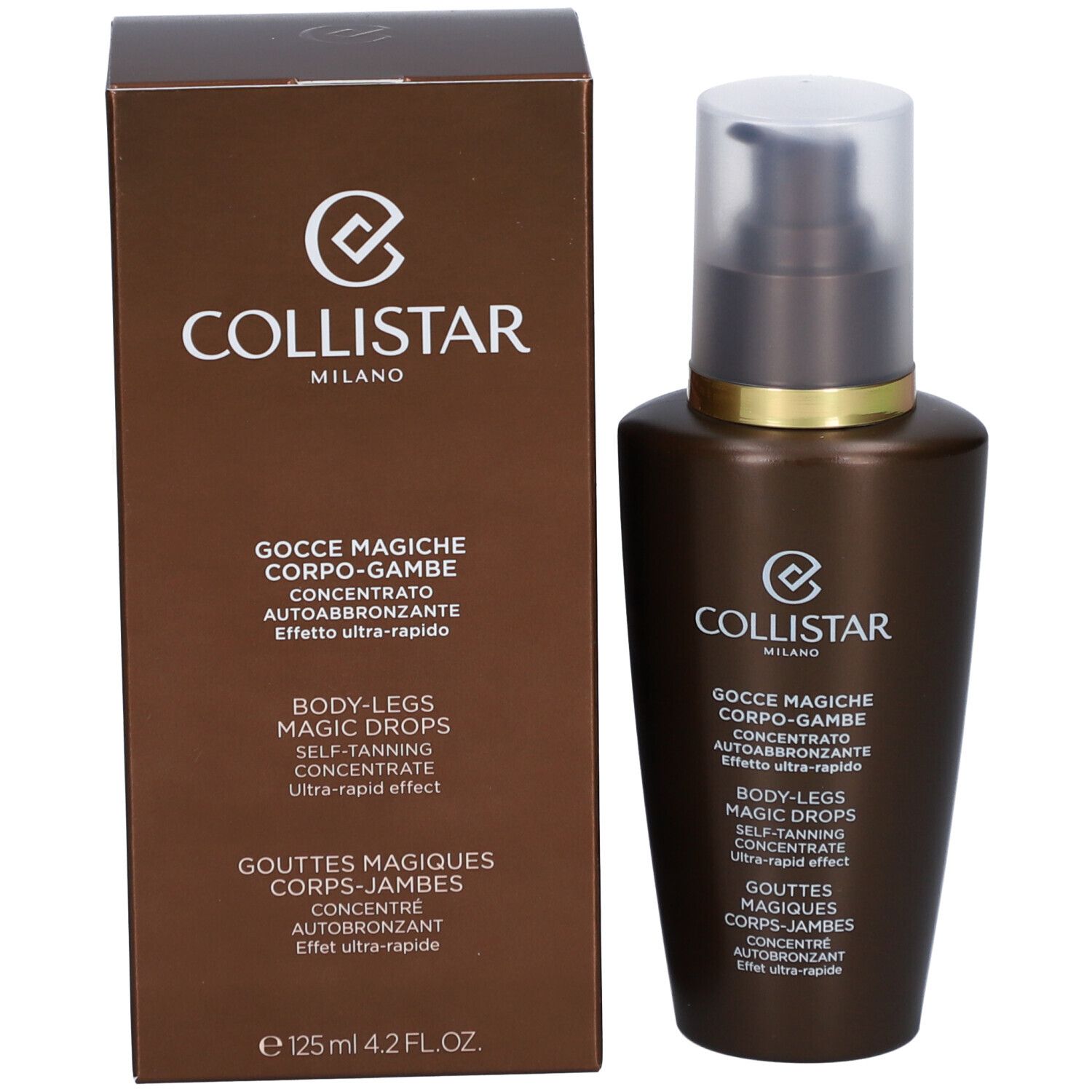 Braune Schachtel und Flasche. Text: Collistar, Magic Drops, Körper-Beine, Selbstbräuner-Konzentrat. E 125 ml.