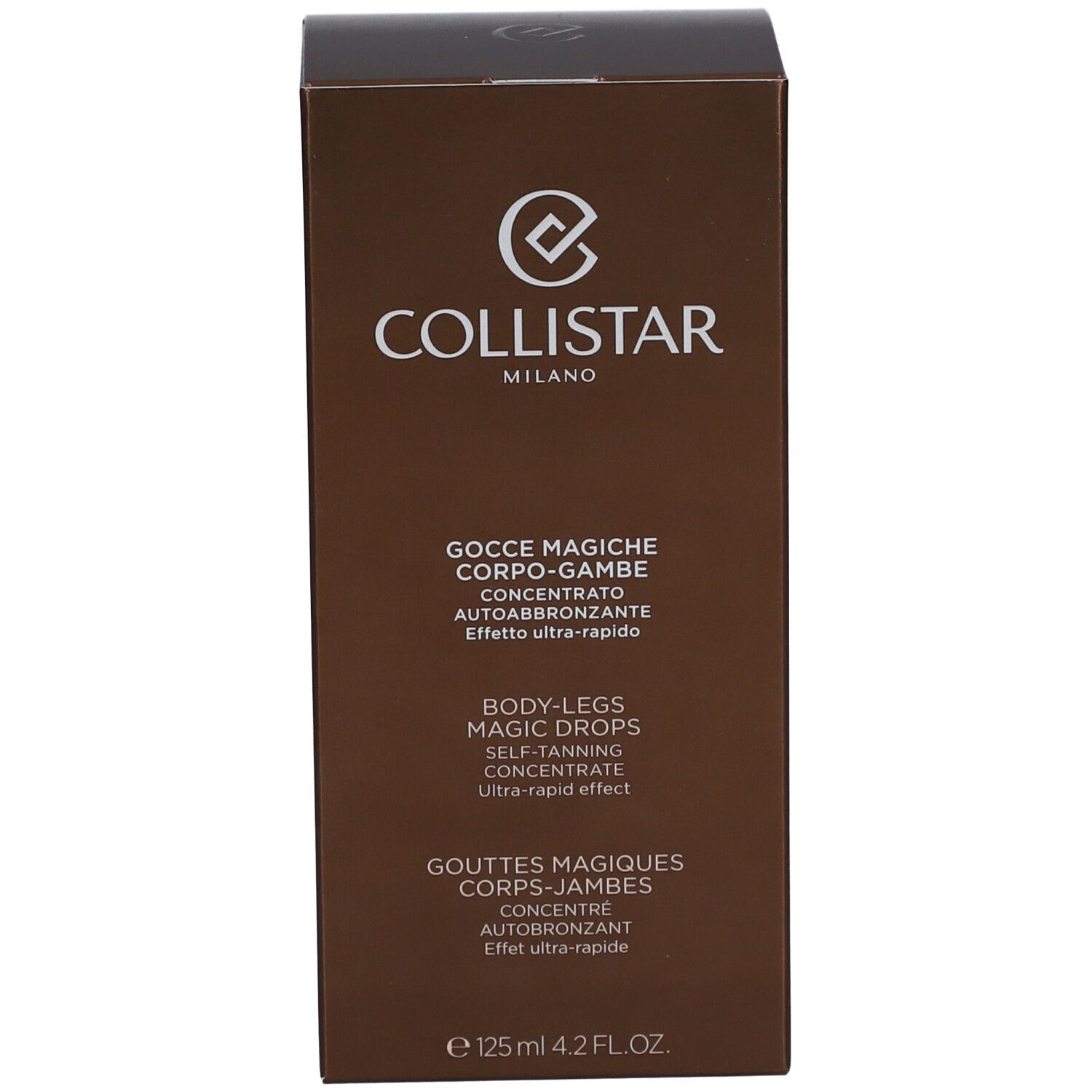 Braune Schachtel. Text: Collistar, Magic Drops, Körper-Beine, Selbstbräuner-Konzentrat. E 125 ml.