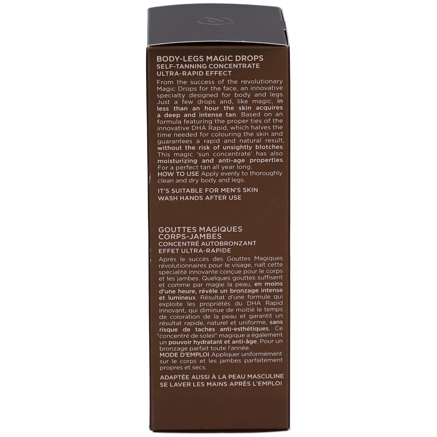 Text auf der Schachtel. Text: Body-Legs Magic Drops, Selbstbräuner-Konzentrat, Ultra-Rapid-Effekt. Anwendungshinweise.