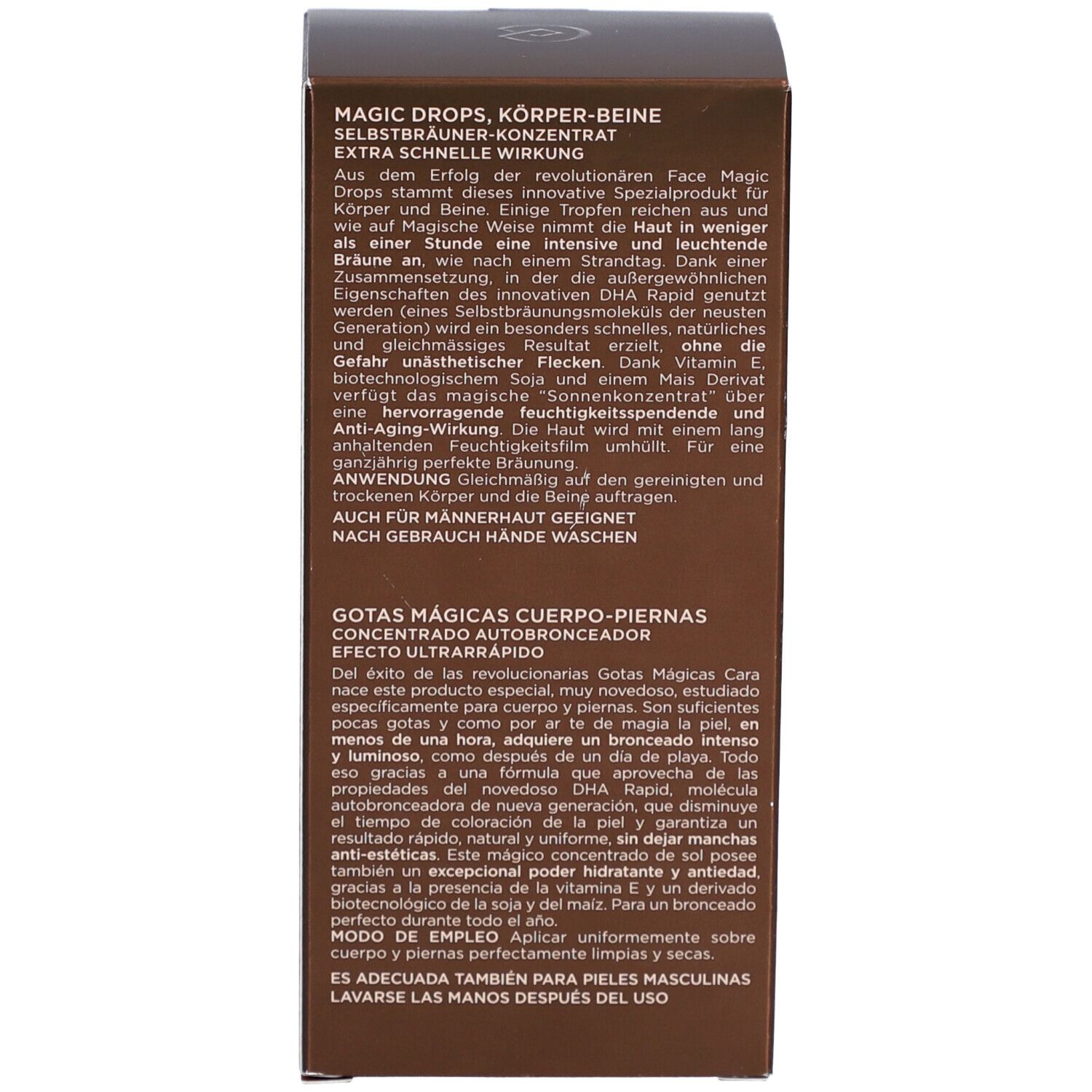 Text auf der Schachtel. Text: Magic Drops, Körper-Beine, Selbstbräuner-Konzentrat, Extra Schnelle Wirkung. Anwendung.