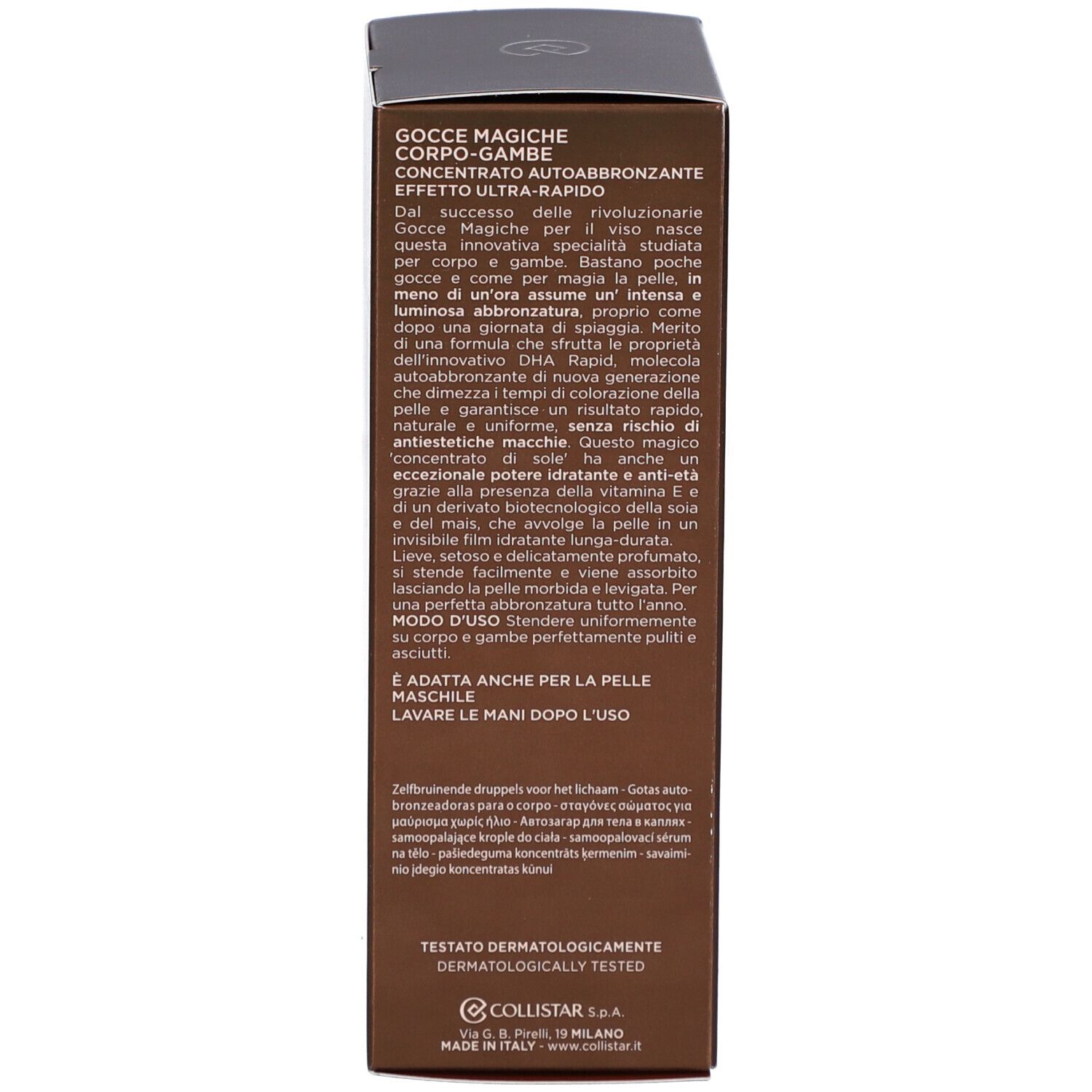 Text auf der Schachtel. Text: Magic Drops, Körper-Beine, Selbstbräuner-Konzentrat, Extra Schnelle Wirkung. Anwendung.