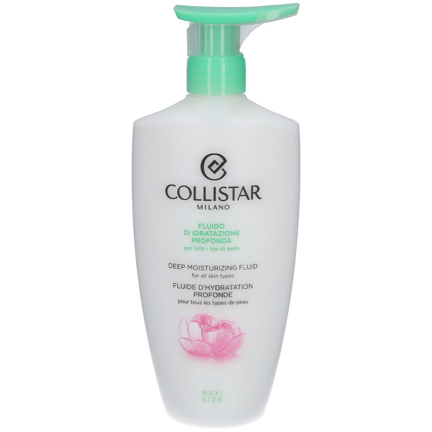 Weiße Flasche mit grünem Pumpkopf. Text: Collistar Milano, Fluide d'Hydratation Profonde, Deep Moisturizing Fluid, Maxi Size.