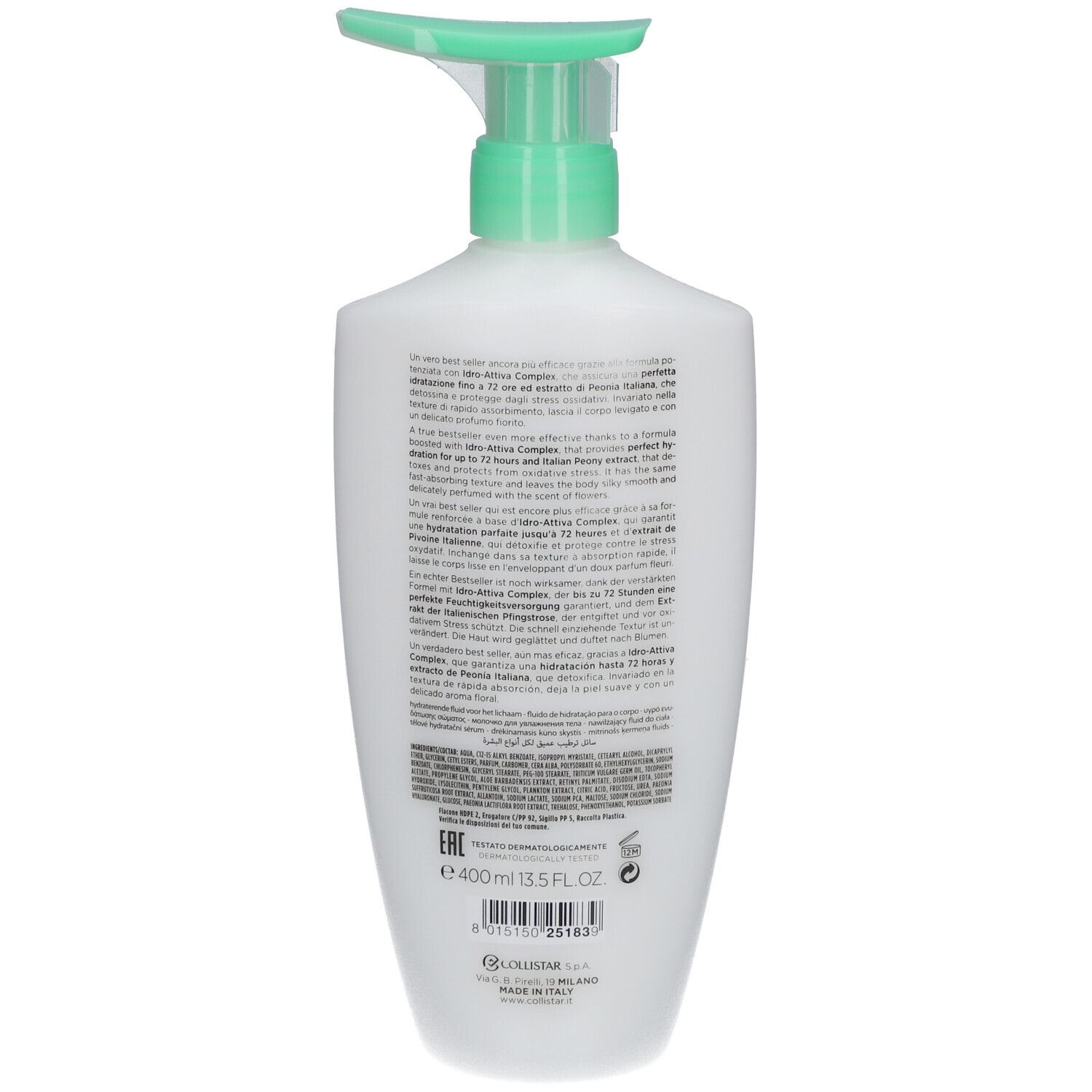 Rückseite einer weißen Flasche mit grünem Pumpkopf. Text und Informationen in verschiedenen Sprachen. Volumen: 400ml.