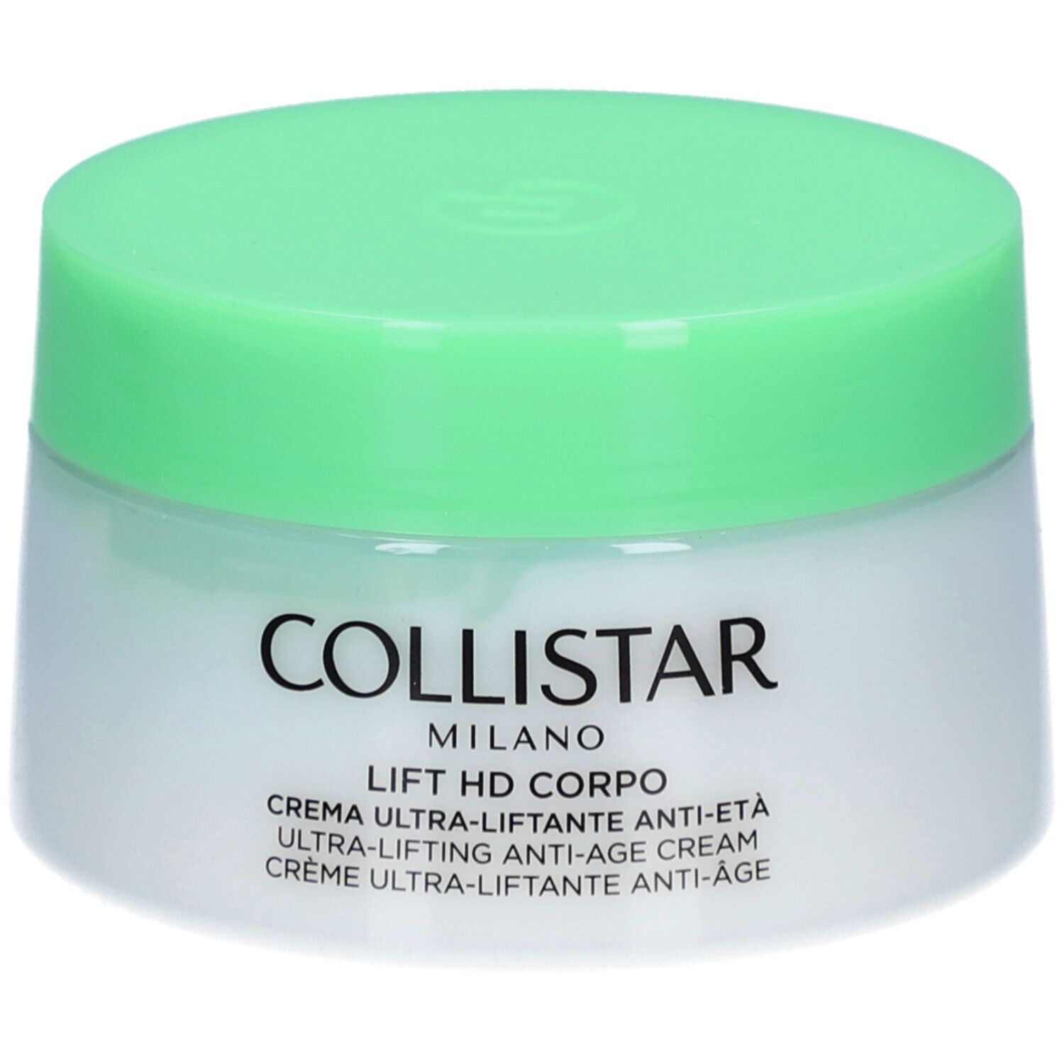 Creme-Tiegel mit grünem Deckel. Aufschrift: Collistar, Lift HD Corpo, Creme Ultra-Liftante Anti-Âge.