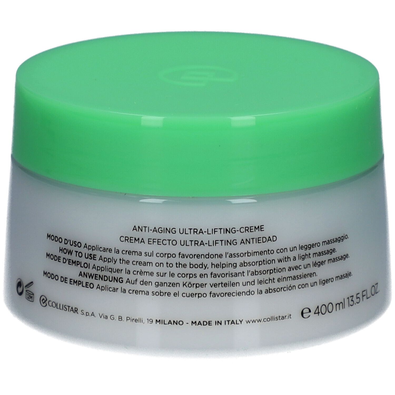 Creme-Tiegel mit grünem Deckel. Text auf der Rückseite in mehreren Sprachen. Volumen: 400 ml.