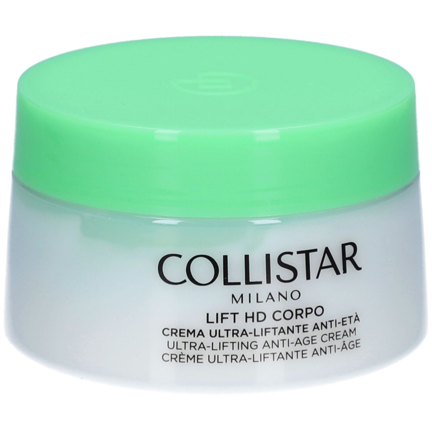 Creme-Tiegel mit grünem Deckel. Aufschrift: Collistar, Lift HD Corpo, Creme Ultra-Liftante Anti-Âge.