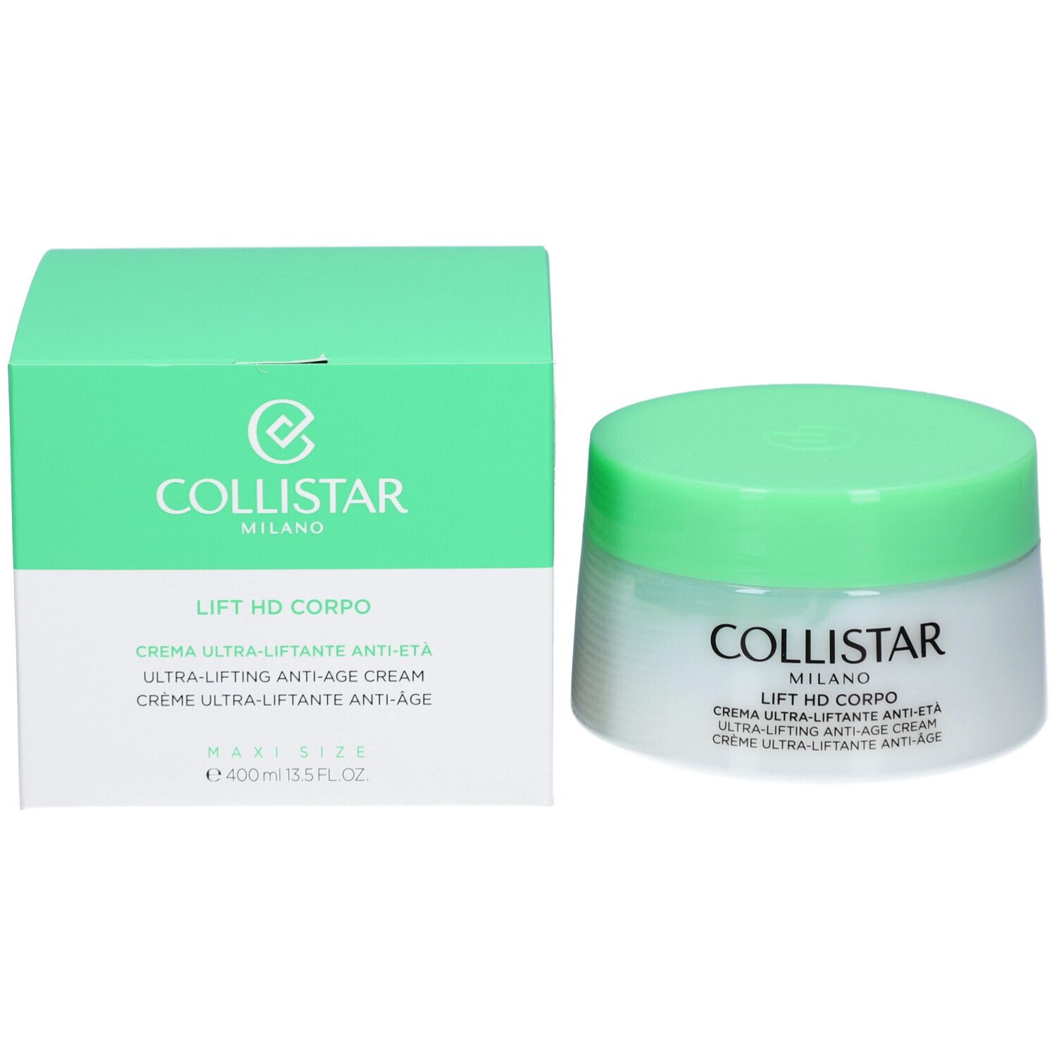 Creme-Tiegel und Schachtel. Aufschrift: Collistar, Lift HD Corpo, Creme Ultra-Liftante Anti-Âge. Maxi Size.