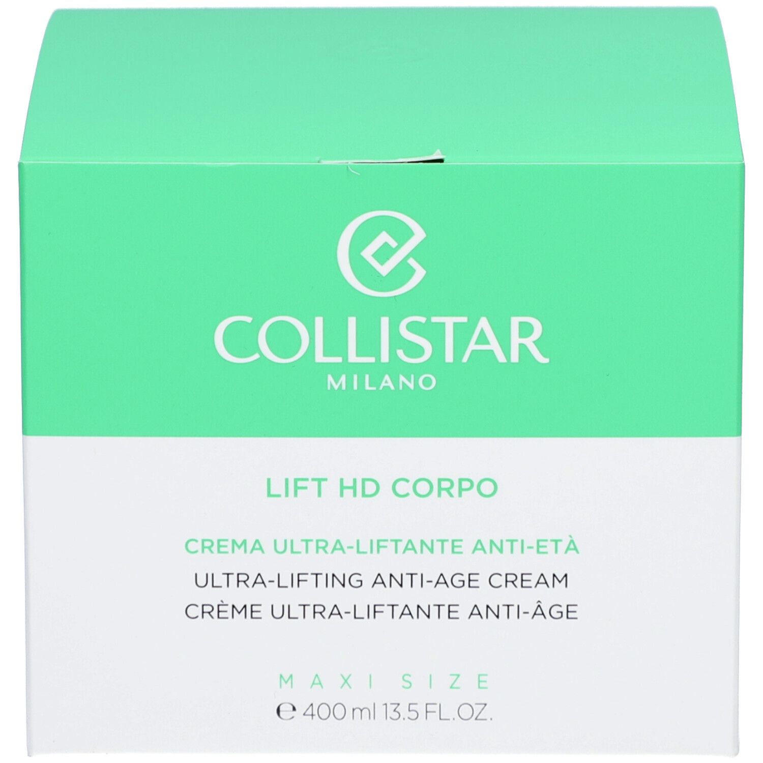 Grüne Schachtel. Aufschrift: Collistar, Lift HD Corpo, Creme Ultra-Liftante Anti-Âge. Maxi Size.