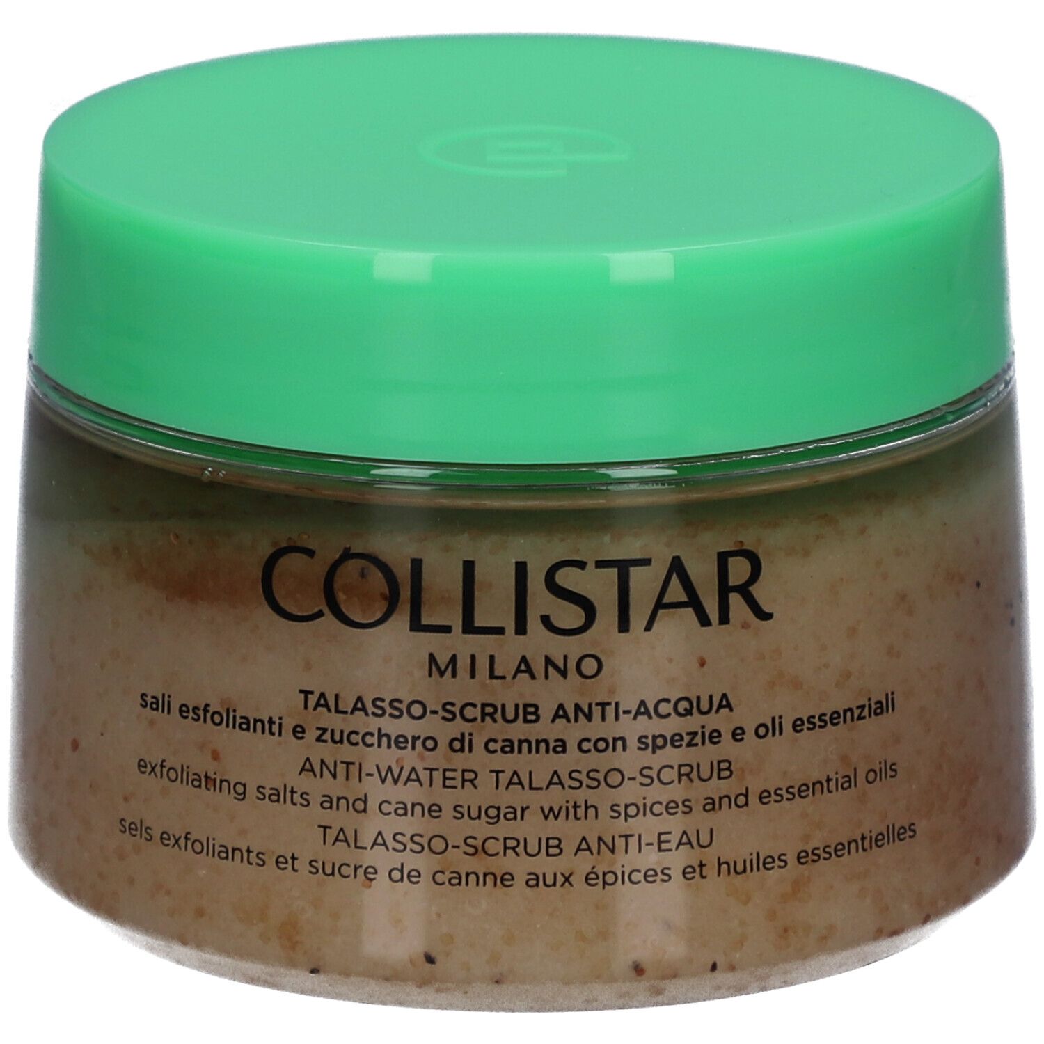Behälter mit grünem Deckel. Aufschrift: Collistar Milano, Anti-Wasser Talasso-Scrub. Text in mehreren Sprachen.