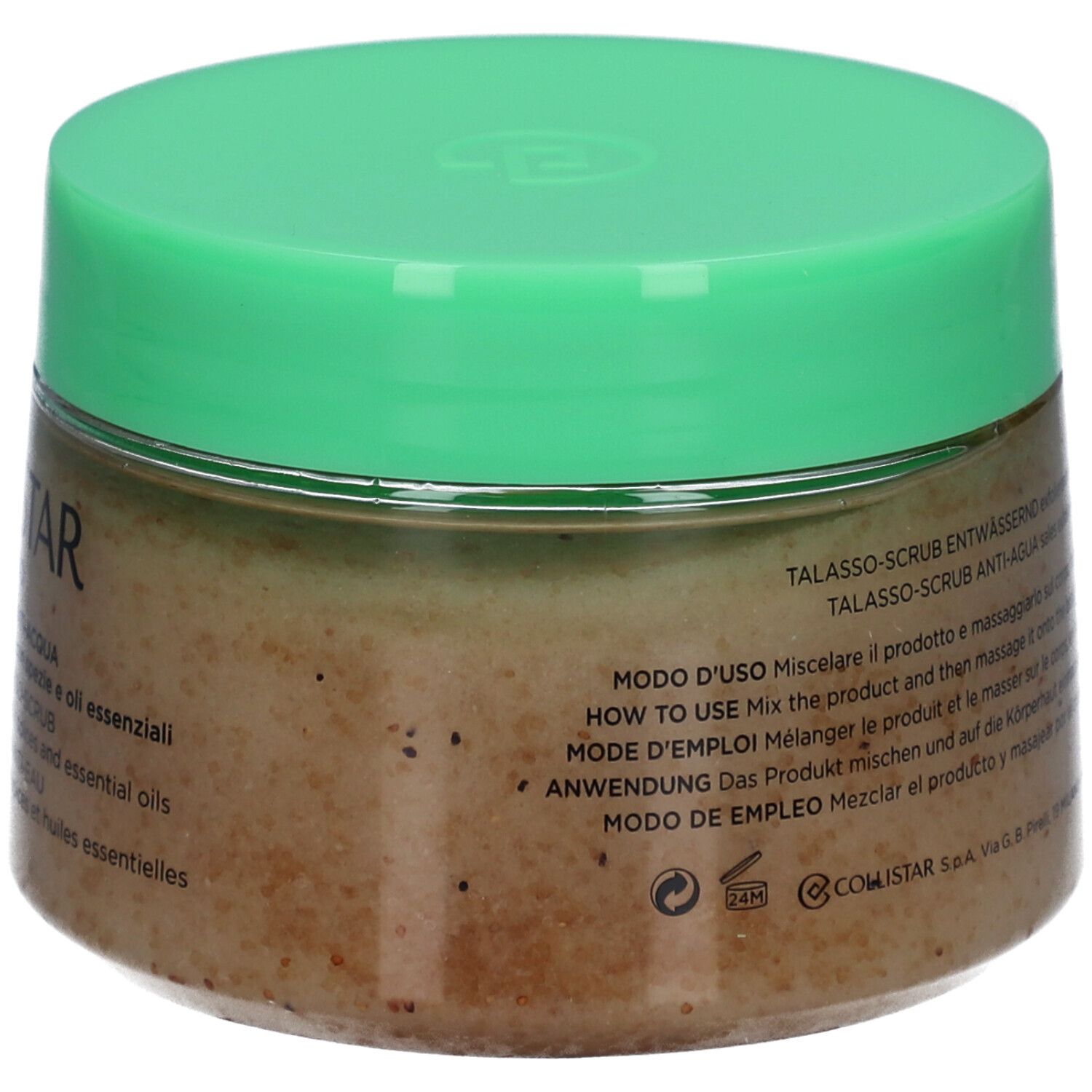 Behälter mit grünem Deckel. Text in mehreren Sprachen, darunter Anweisungen. Gewicht: 700 g NET WT. 24,5 OZ.
