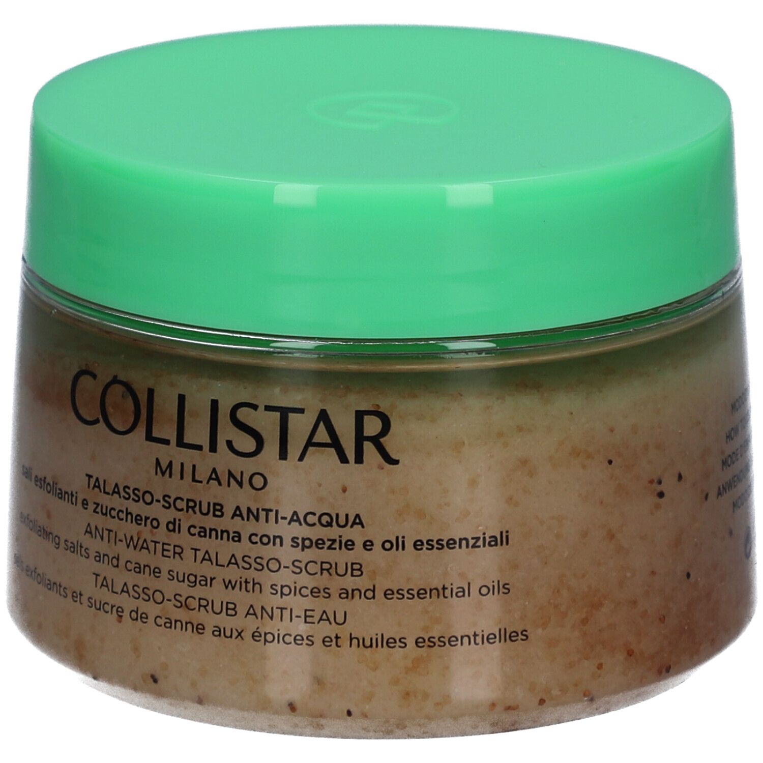 Behälter mit grünem Deckel. Aufschrift: Collistar Milano, Anti-Wasser Talasso-Scrub. Text in mehreren Sprachen.