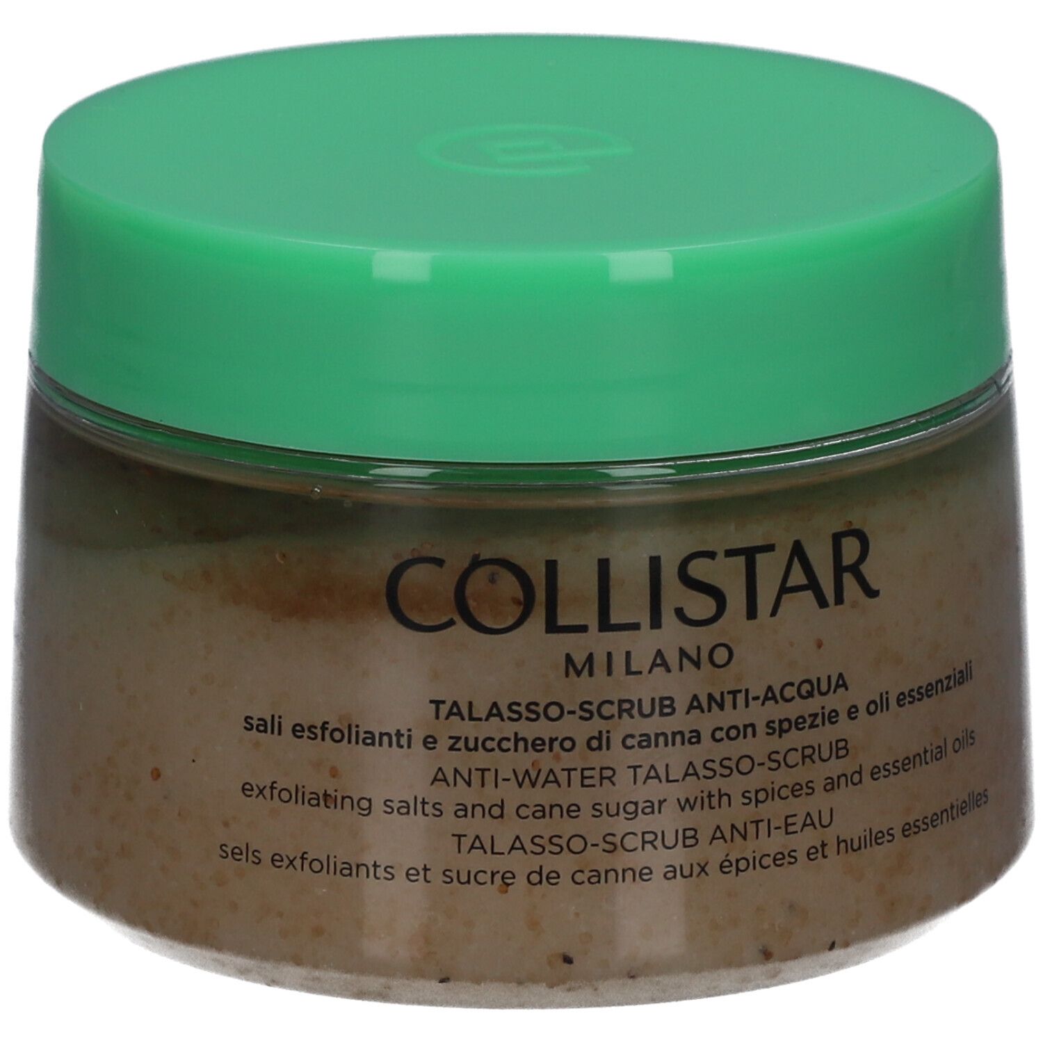 Behälter mit grünem Deckel. Aufschrift: Collistar Milano, Anti-Wasser Talasso-Scrub. Text in mehreren Sprachen.