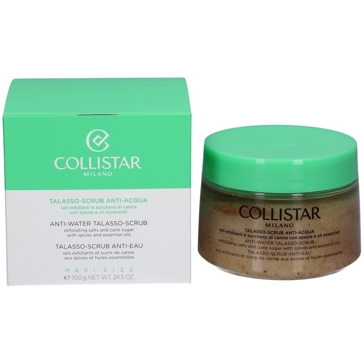 Produktverpackung und Behälter mit grünem Deckel. Aufschrift: Collistar Milano, Anti-Wasser Talasso-Scrub. Text in mehreren Sprachen.