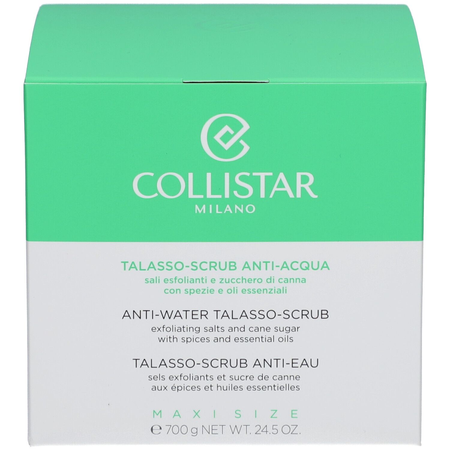 Produktverpackung. Aufschrift: Collistar Milano, Anti-Wasser Talasso-Scrub. Text in mehreren Sprachen. Gewicht: 700 g.