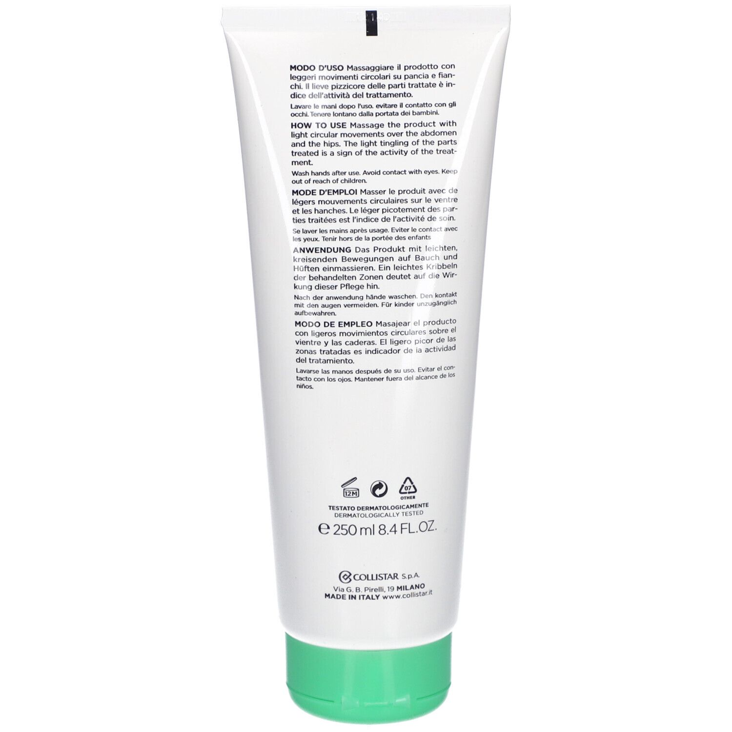 Rückseite einer weißen Tube mit grünem Verschluss. Text: Modo d'Uso, How to Use, Mode d'Emploi, Anwendung, Modo de Empleo. 250 ml.