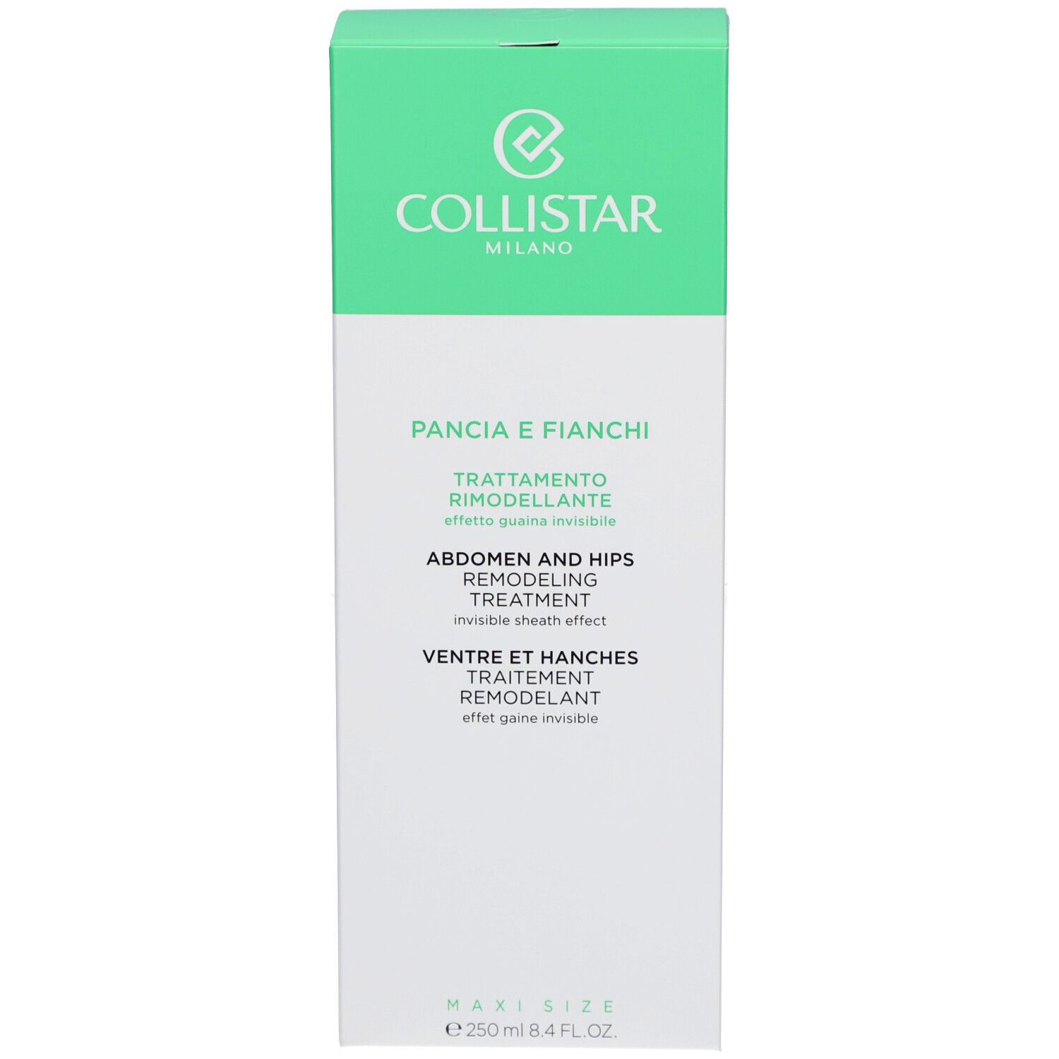 Grüne Schachtel. Text: Collistar, Pancia e Fianchi, Trattamento Rimodelante, Abdomen and Hips Remodeling Treatment, 250 ml.