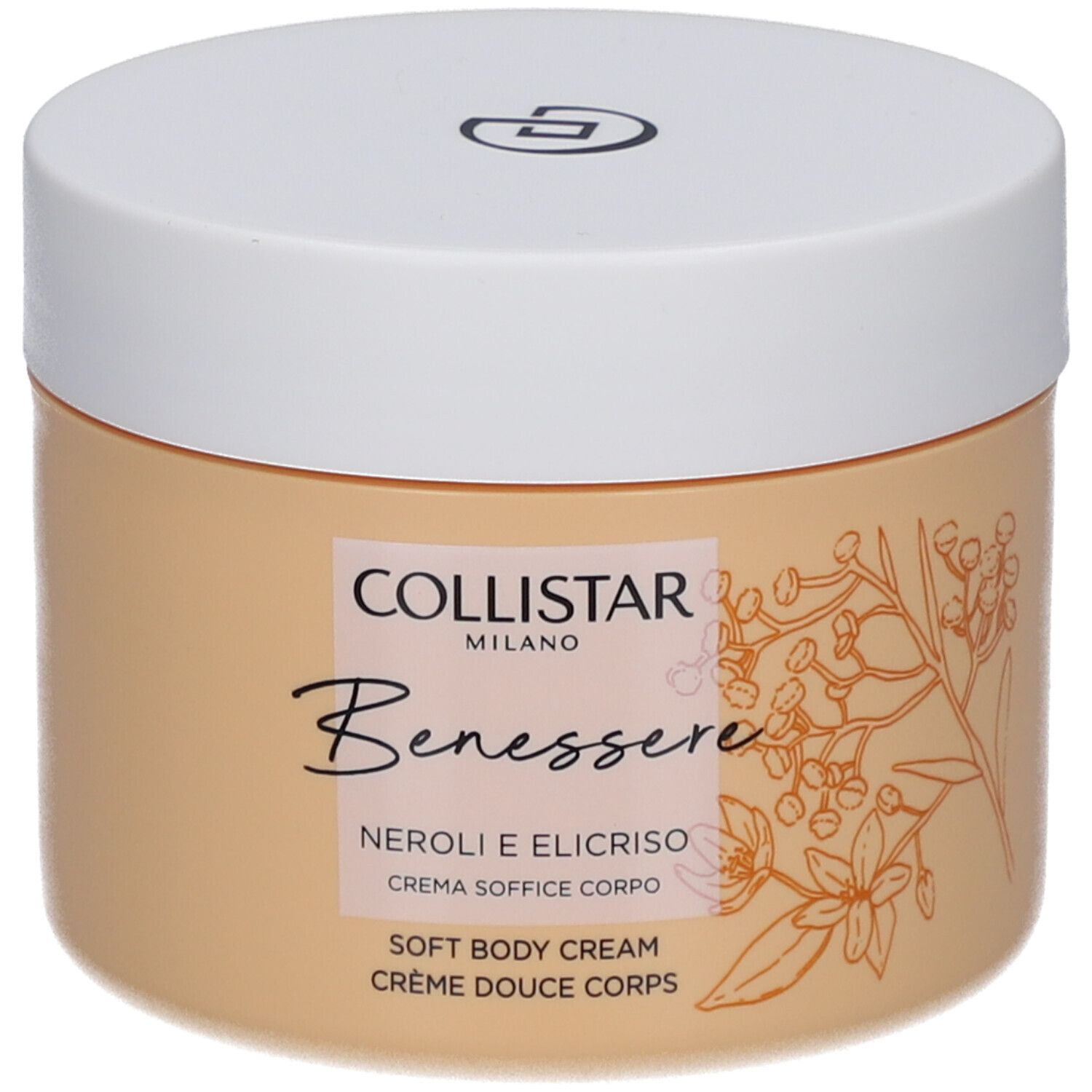 Beige Creme-Dose mit weißem Deckel. Aufschrift: Collistar, Benessere, Neroli e Elicriso, Crème Douce Corps.