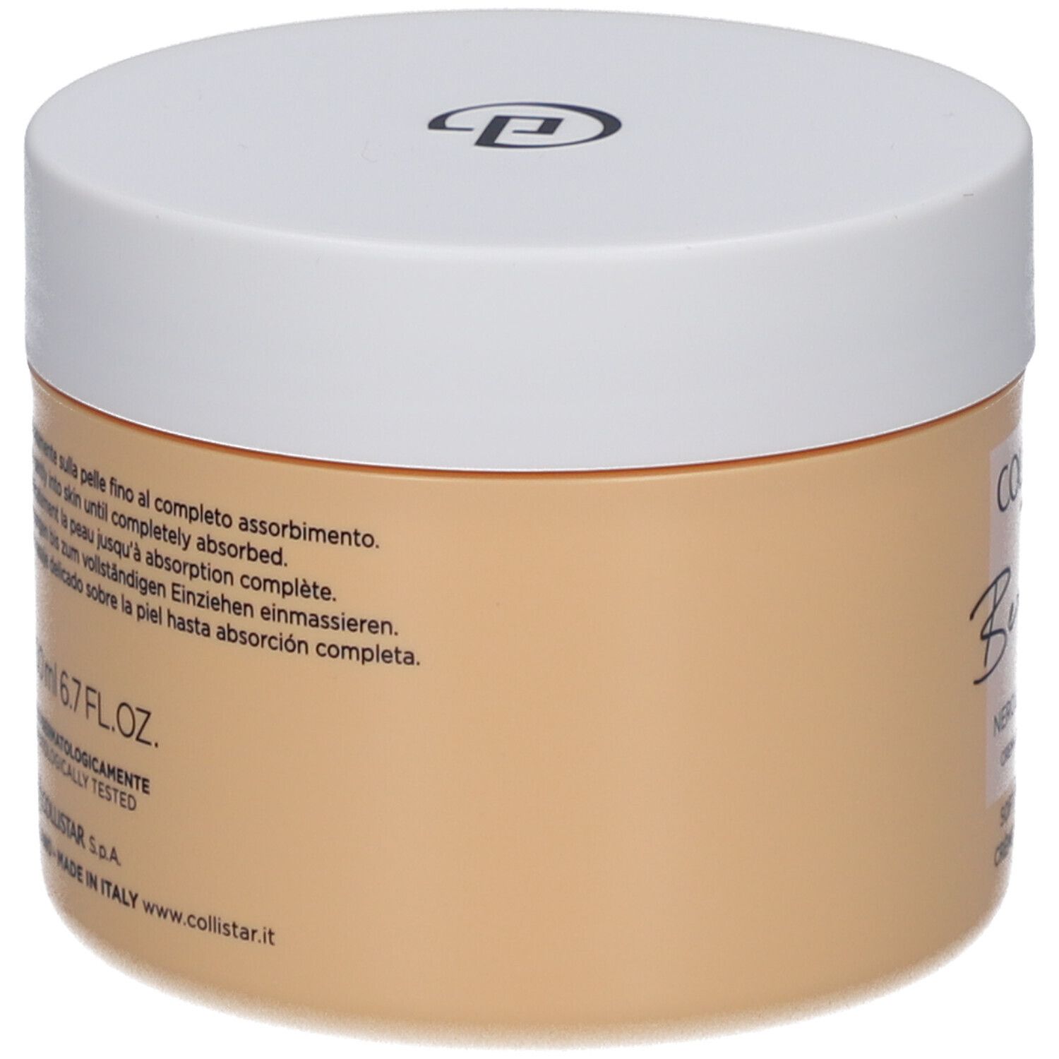 Beige Creme-Dose mit weißem Deckel. Aufschrift: Collistar, Benessere, Neroli e Elicriso, Crème Douce Corps.