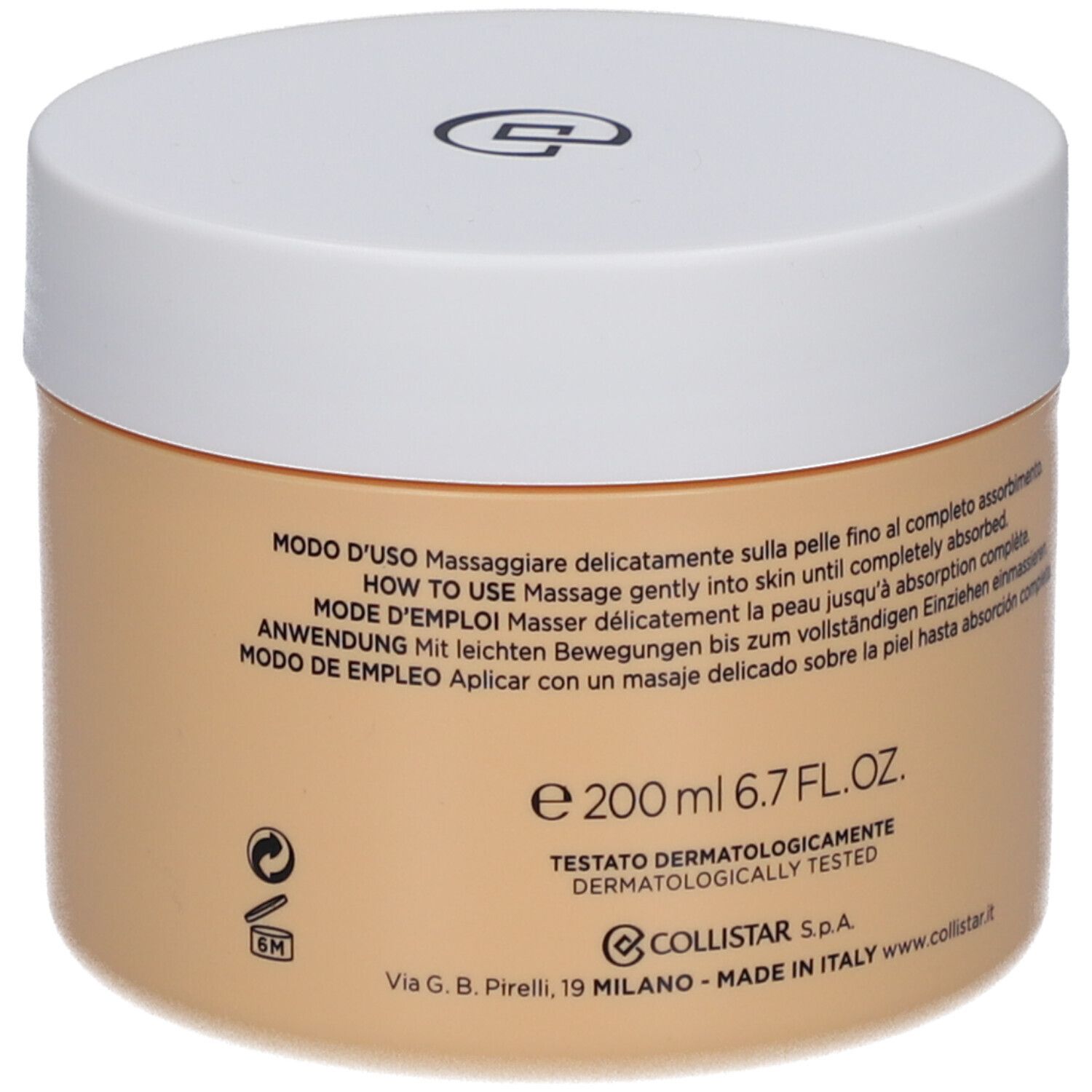 Beige Creme-Dose mit weißem Deckel. Aufschrift: Collistar, Benessere, Neroli e Elicriso, Crème Douce Corps.
