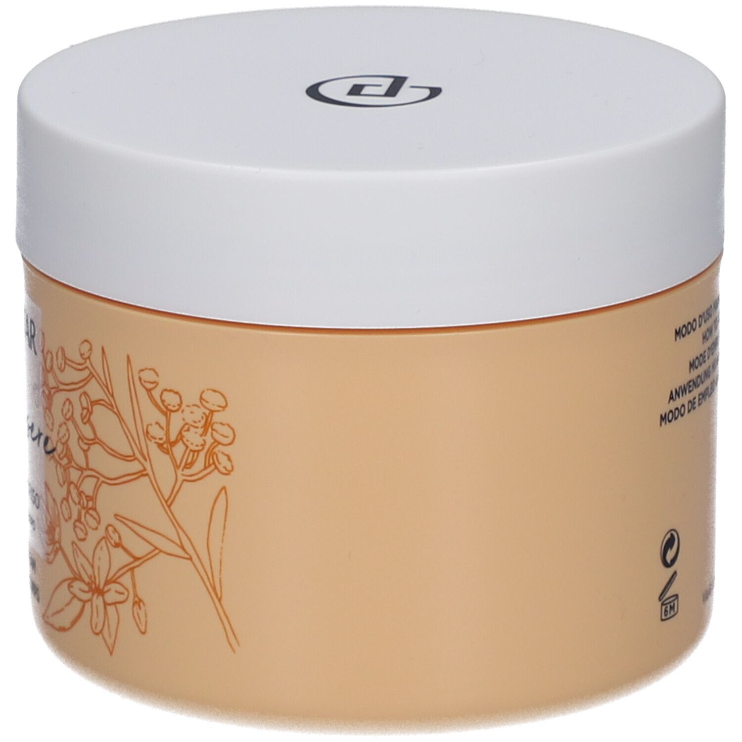 Beige Creme-Dose mit weißem Deckel. Aufschrift: Collistar, Benessere, Neroli e Elicriso, Crème Douce Corps.