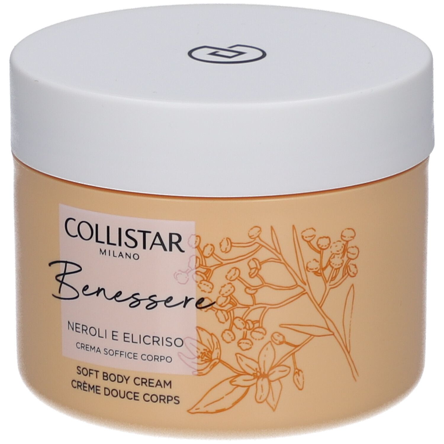 Beige Creme-Dose mit weißem Deckel. Aufschrift: Collistar, Benessere, Neroli e Elicriso, Crème Douce Corps.