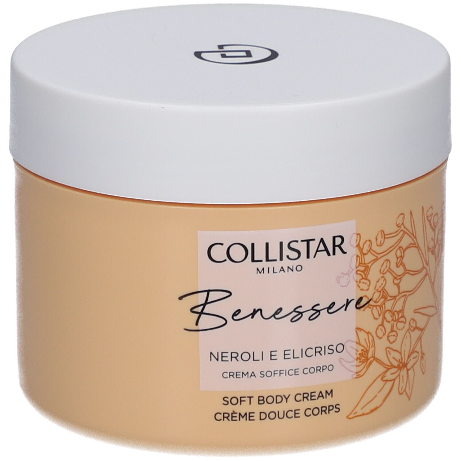 Beige Creme-Dose mit weißem Deckel. Aufschrift: Collistar, Benessere, Neroli e Elicriso, Crème Douce Corps.
