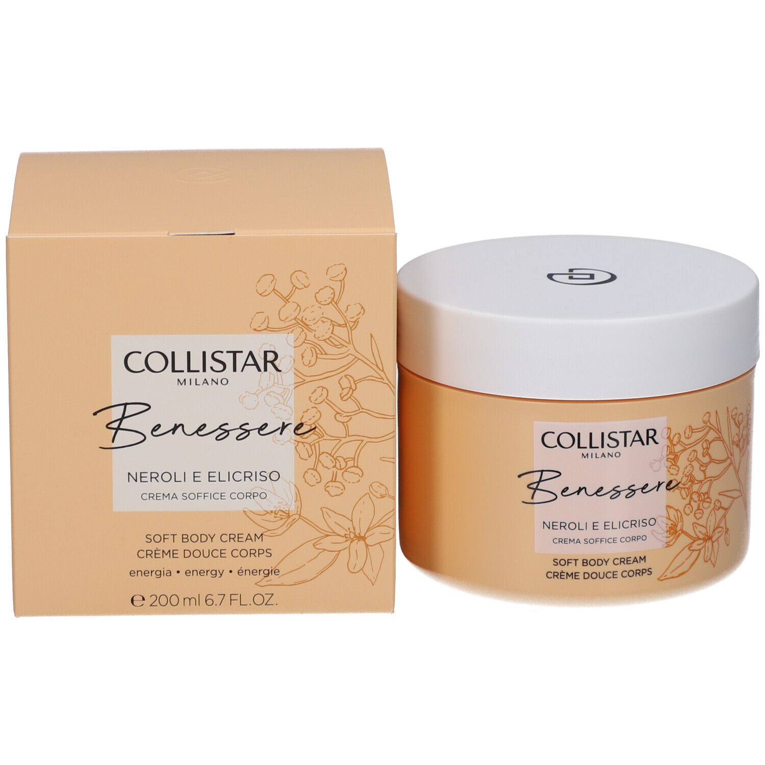 Creme-Dose und Karton. Aufschrift: Collistar, Benessere, Neroli e Elicriso, Crème Douce Corps. 200 ml.