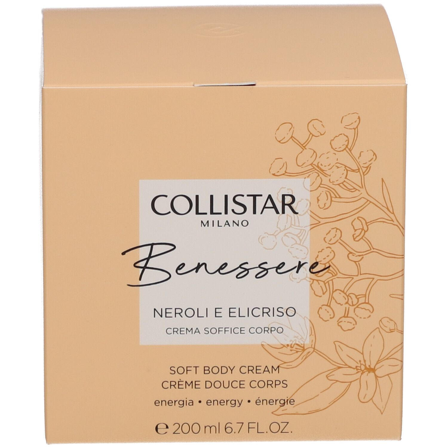 Karton mit Aufschrift: Collistar, Benessere, Neroli e Elicriso, Crème Douce Corps. 200 ml.
