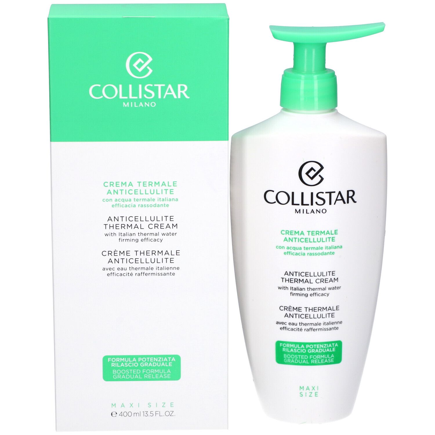 Produktverpackung und Flasche. Text: Collistar Milano, Crème Thermale Anticellulite, 400 ml.