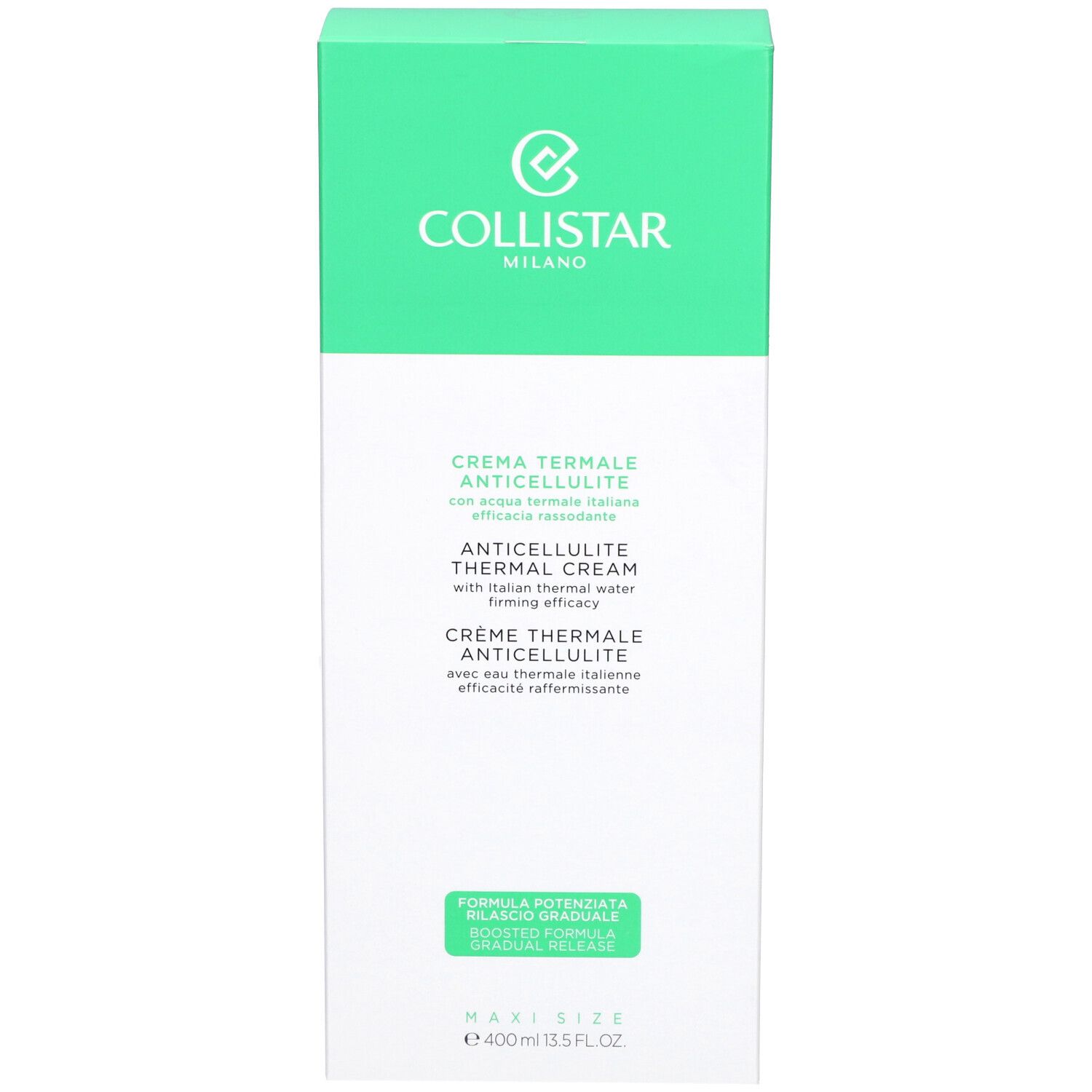 Produktverpackung. Text: Collistar Milano, Crème Thermale Anticellulite, 400 ml.