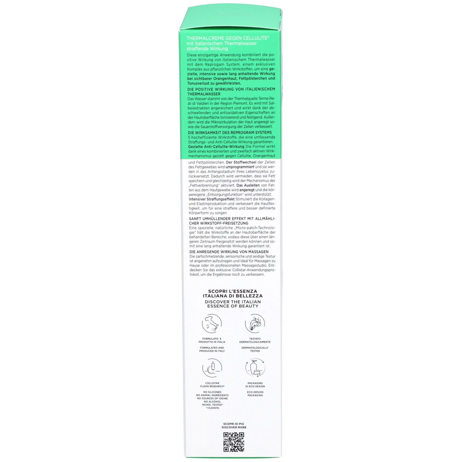 Produktverpackung, Detail. Text: Collistar Milano, Crème Thermale Anticellulite, Inhaltsstoffe.