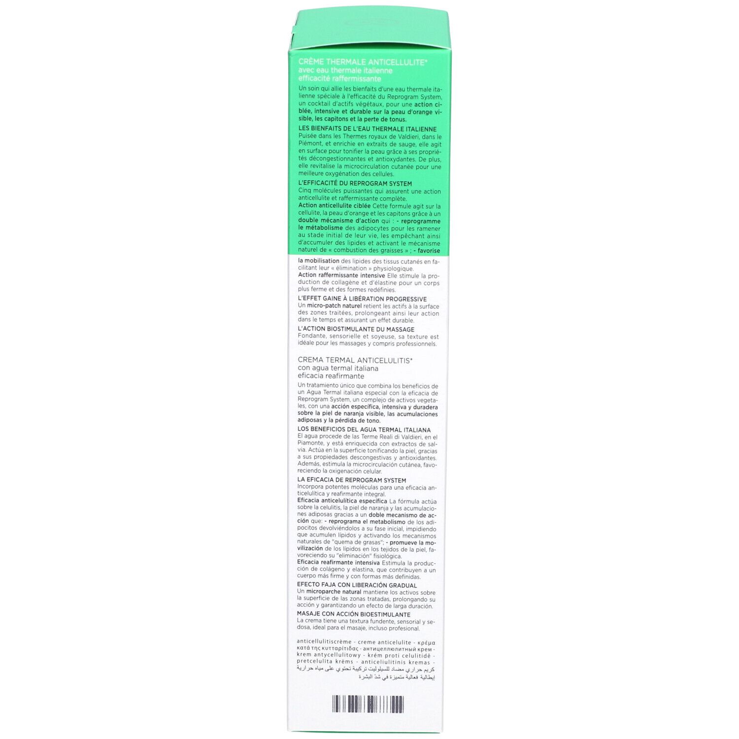 Produktverpackung, Detail. Text: Collistar Milano, Crème Thermale Anticellulite, Anwendung.